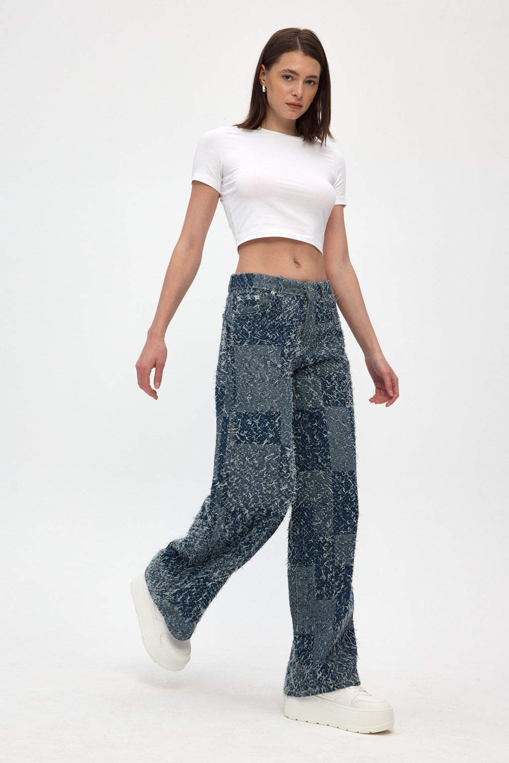 Indigo Jacquard Fringed Wide Leg Jeans