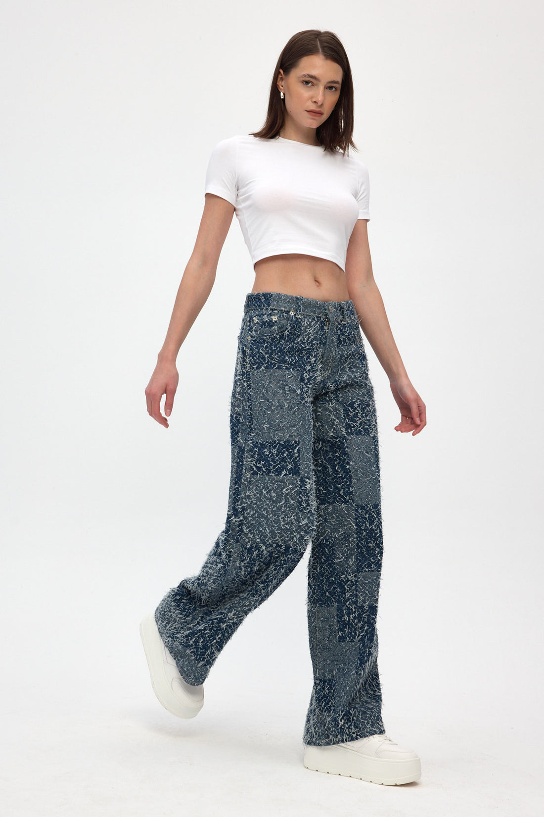 Indigo Jacquard Fringed Wide Leg Jeans