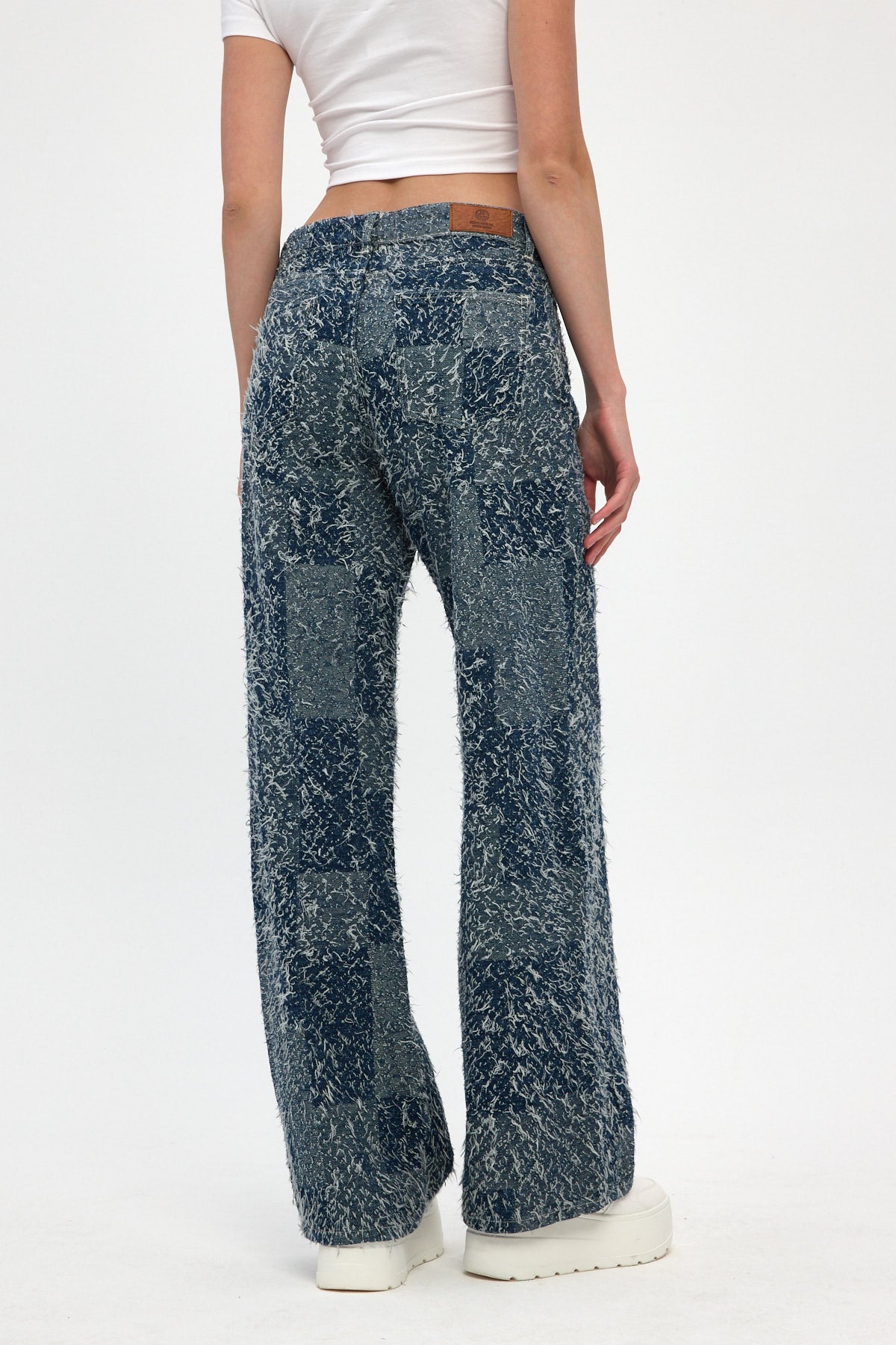 Indigo Jacquard Fringed Wide Leg Jeans