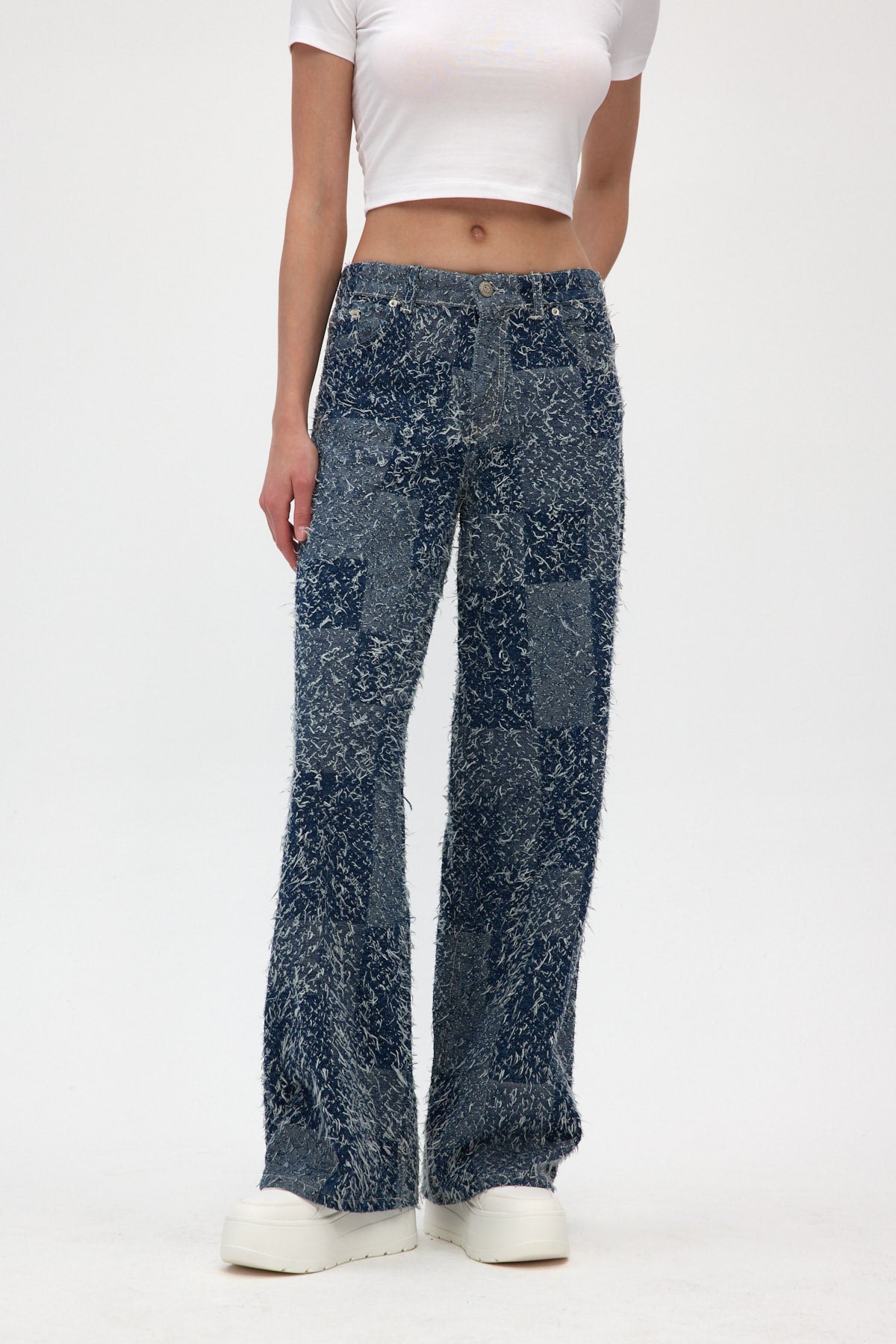 Indigo Jacquard Fringed Wide Leg Jeans