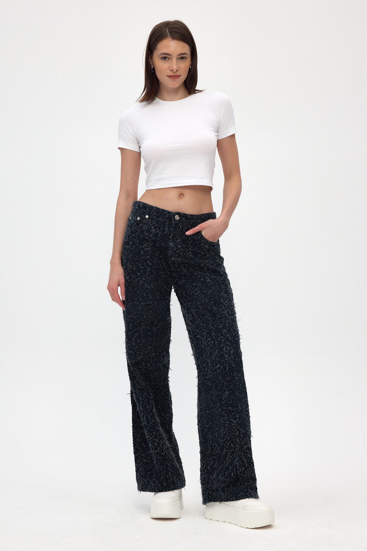 Dark Indigo Fringed Wide Leg Jeans
