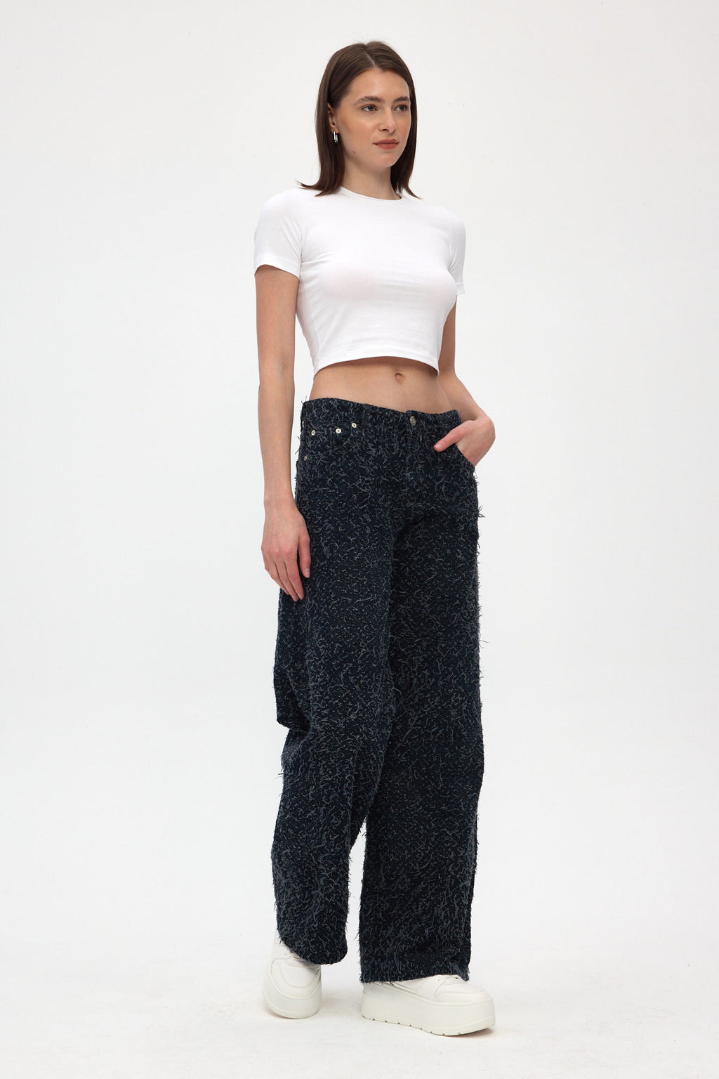 Dark Indigo Fringed Wide Leg Jeans