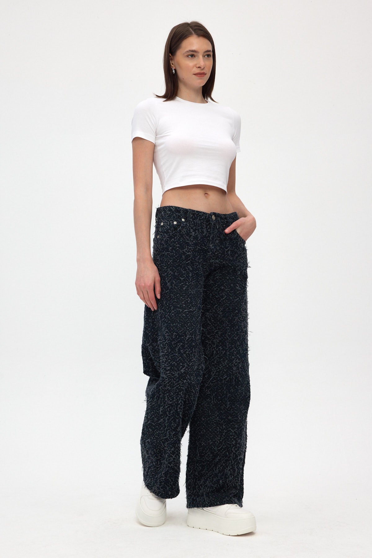 Dark Indigo Fringed Wide Leg Jeans
