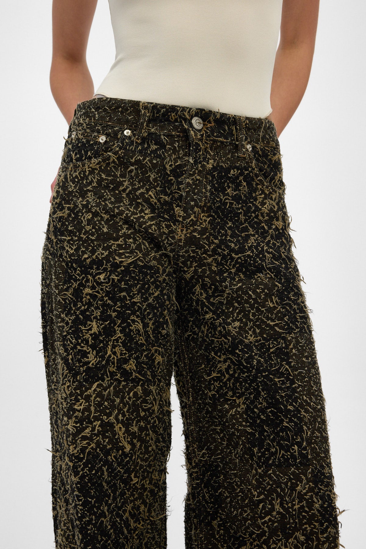 Gold Jacquard Fringed Wide Leg Jeans