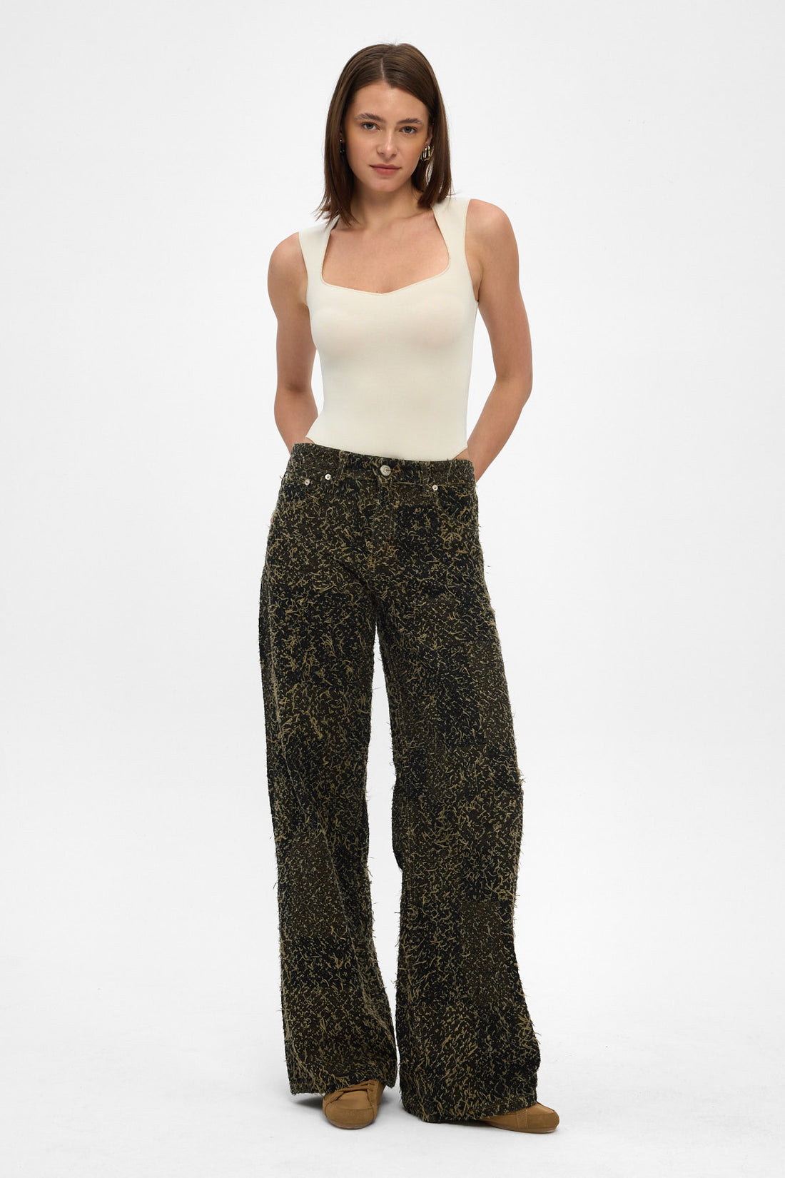 Gold Jacquard Fringed Wide Leg Jeans