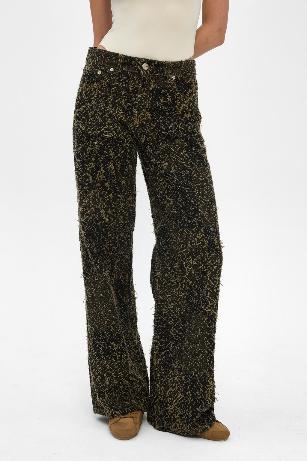 Gold Jacquard Fringed Wide Leg Jeans