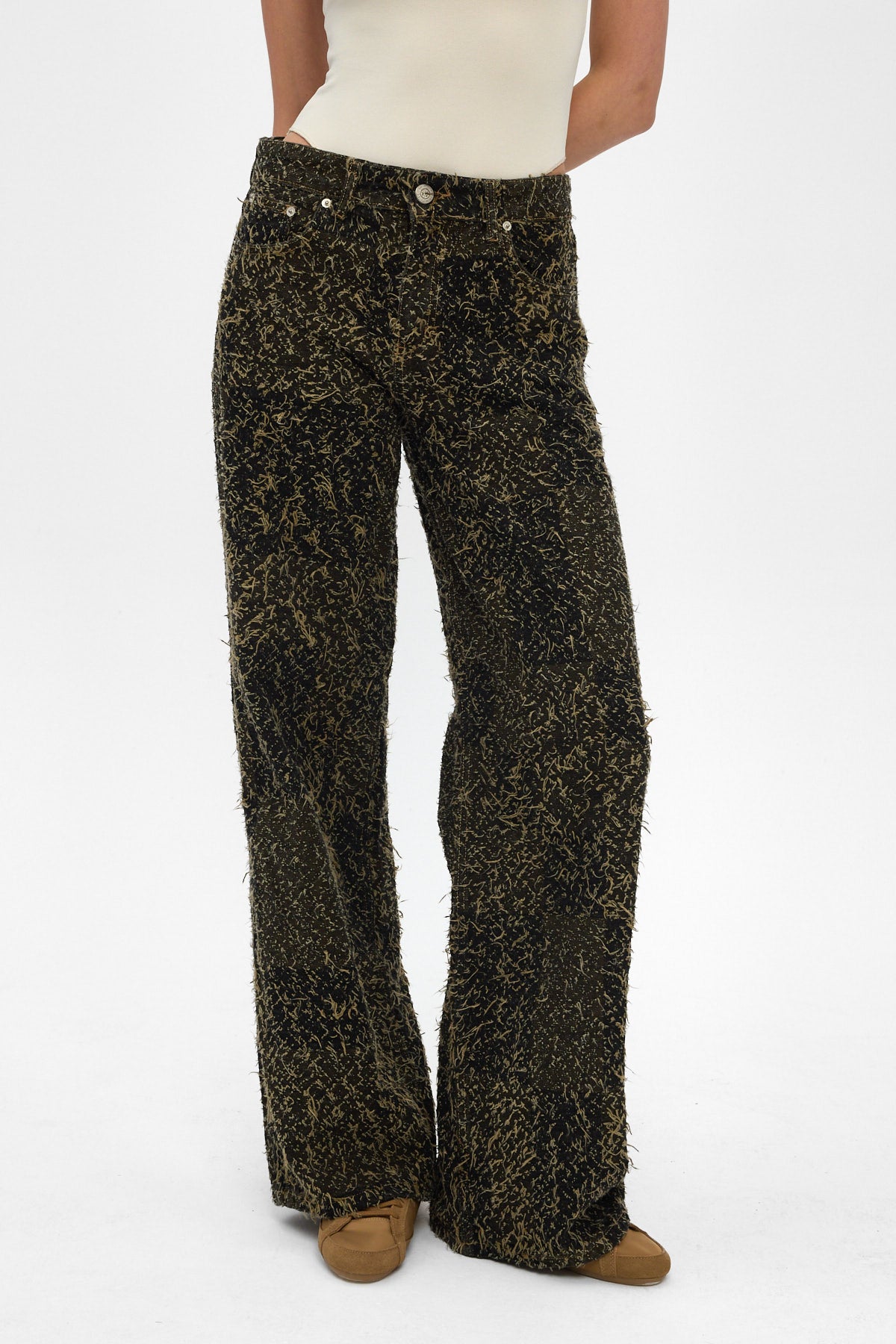 Gold Jacquard Fringed Wide Leg Jeans