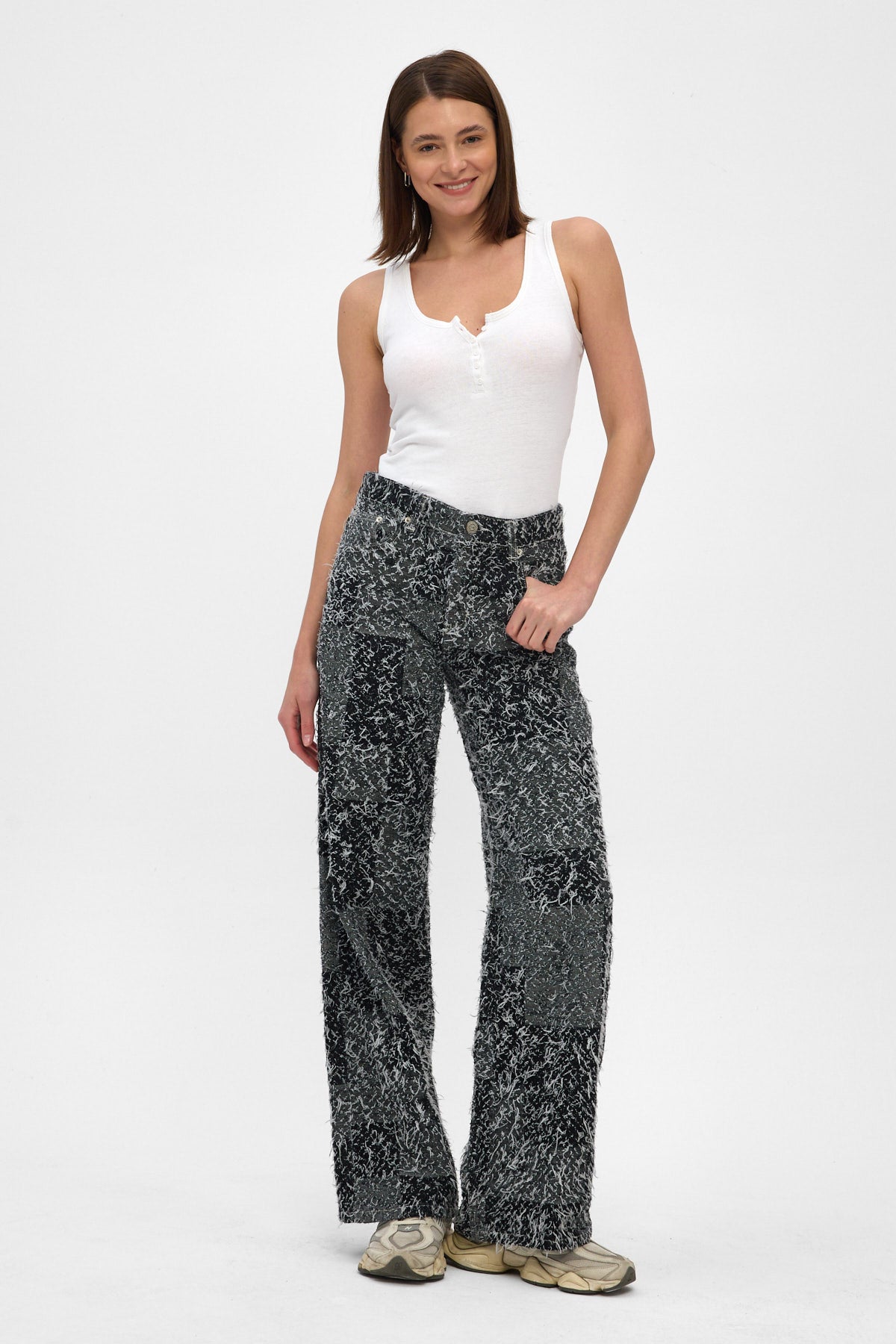 Contrast Jacquard Fringed Wide Leg Jeans