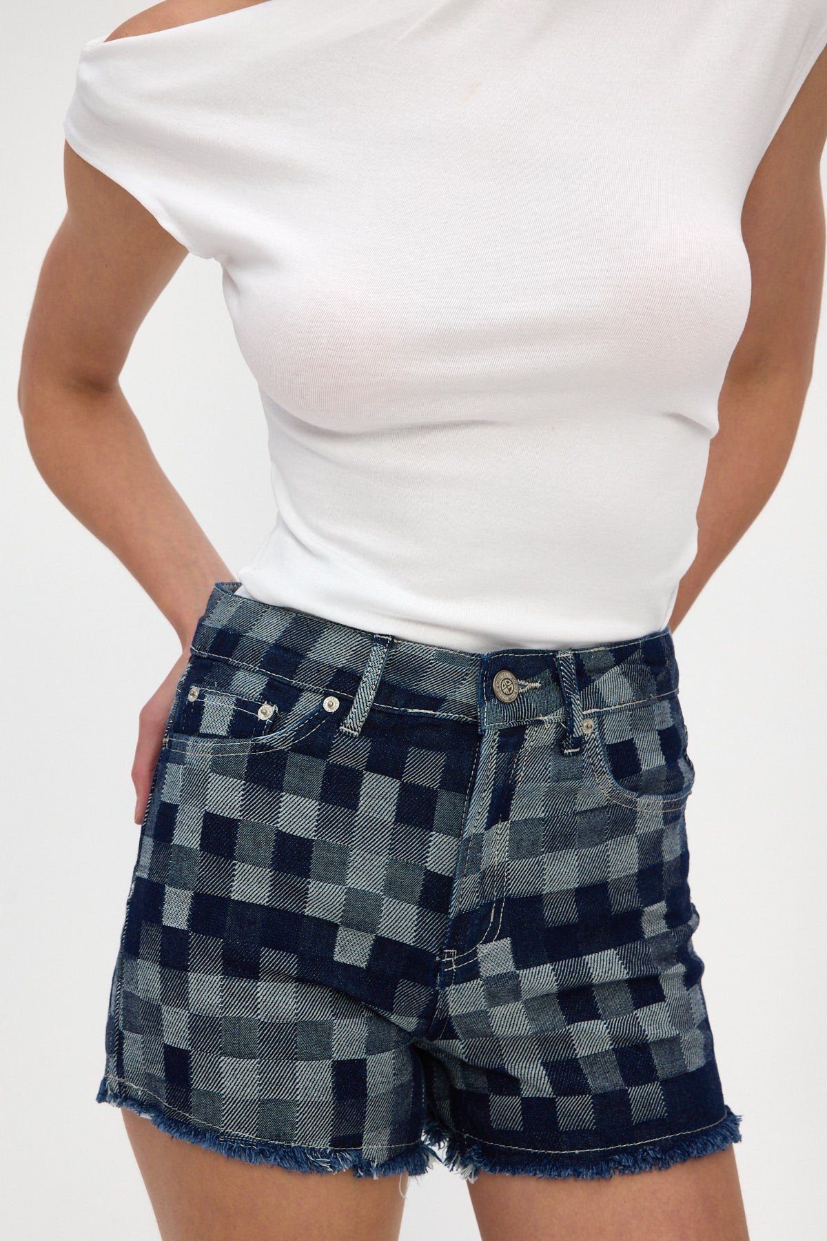 Blue Plaid Denim Shorts