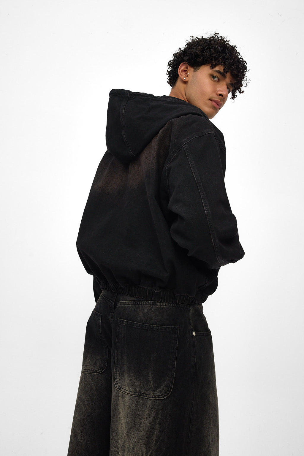 Washed Black Hooded Zip Denim Jacket