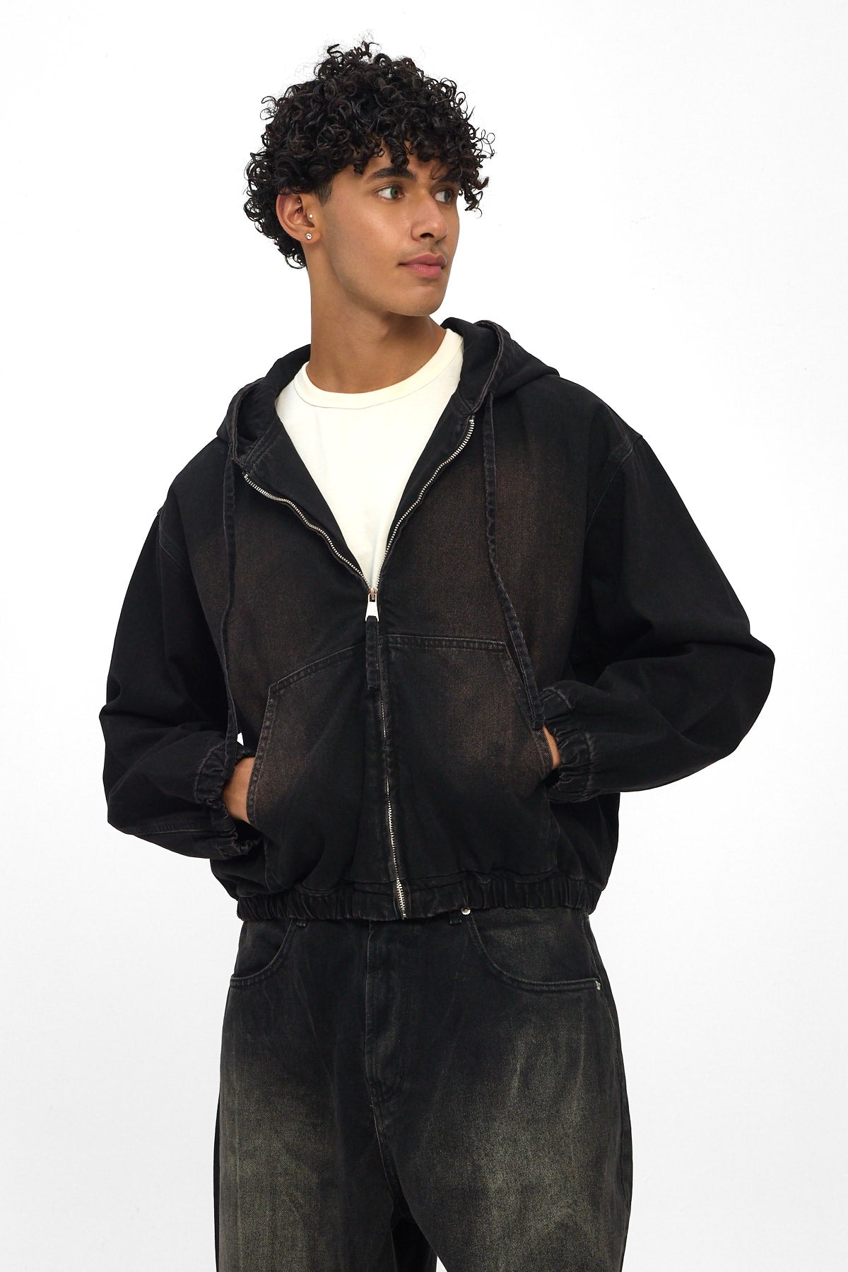 Washed Black Hooded Zip Denim Jacket