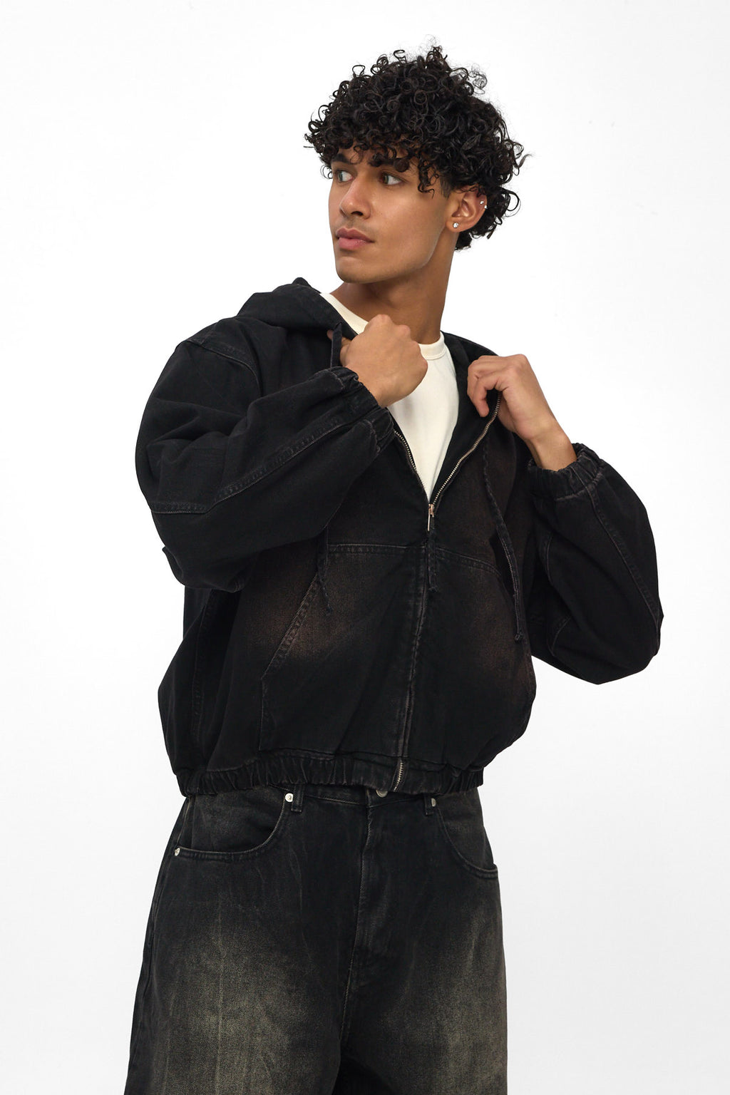Washed Black Hooded Zip Denim Jacket