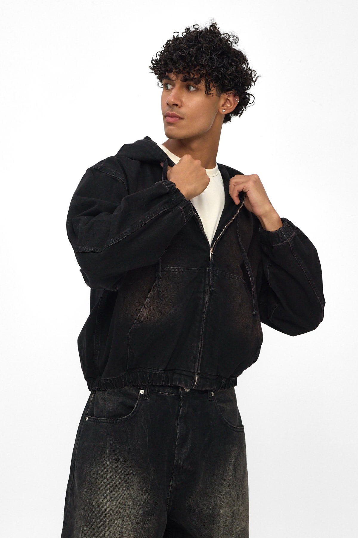 Washed Black Hooded Zip Denim Jacket