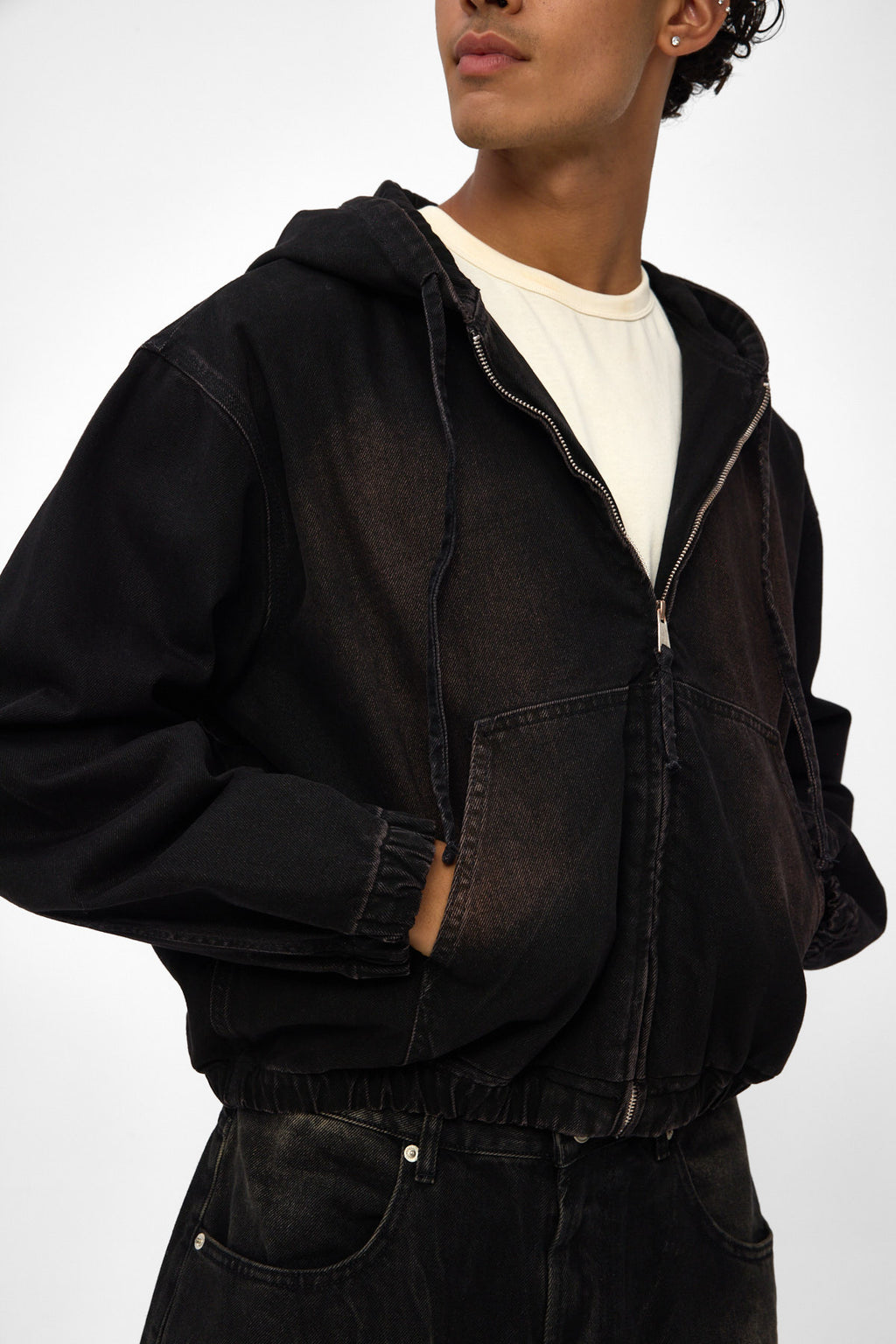 Washed Black Hooded Zip Denim Jacket
