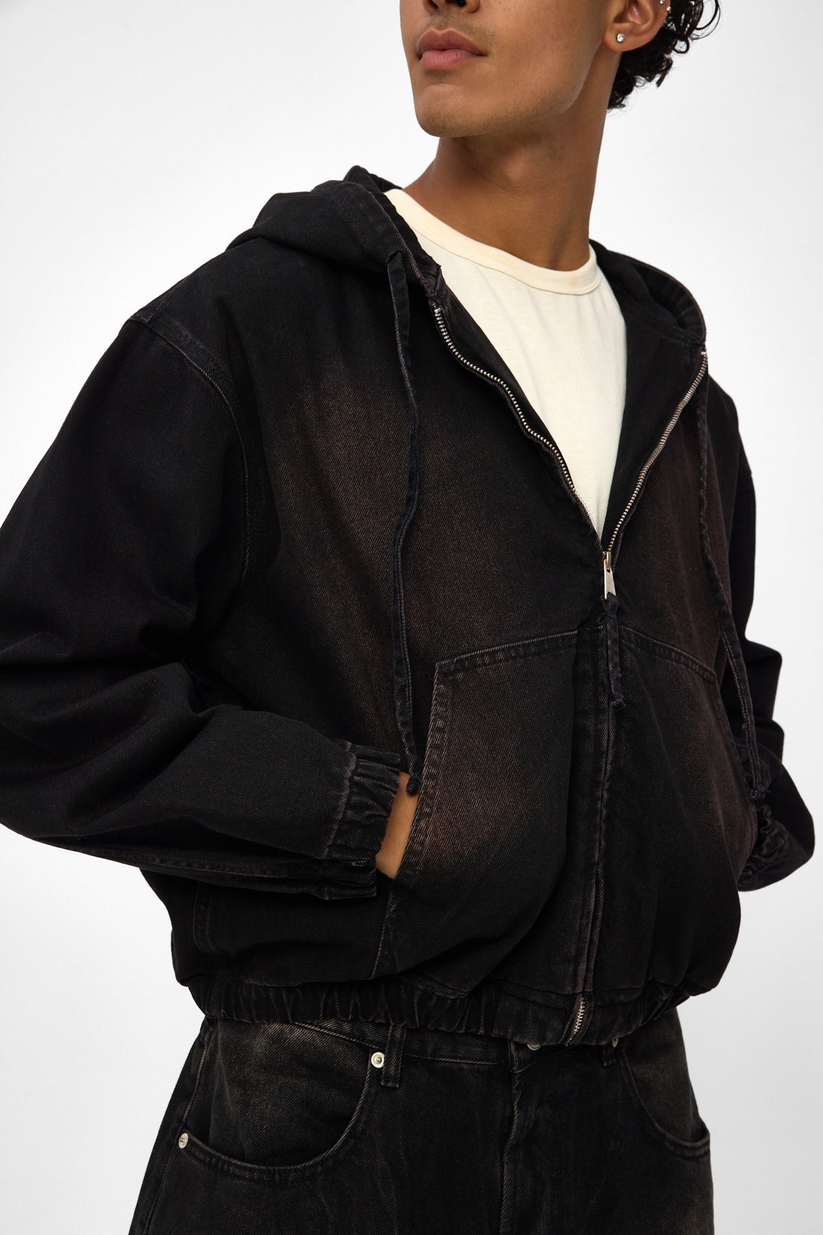 Washed Black Hooded Zip Denim Jacket