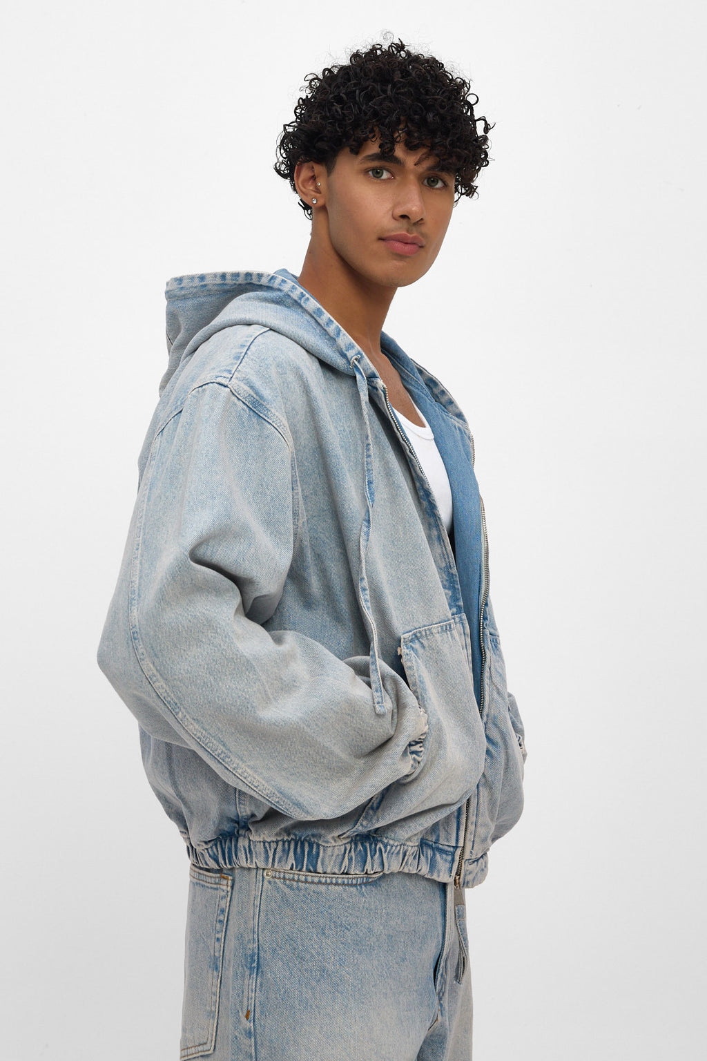 Light Blue Hooded Zip Denim Jacket