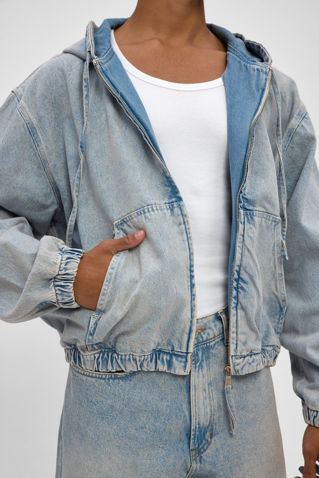 Light Blue Hooded Zip Denim Jacket