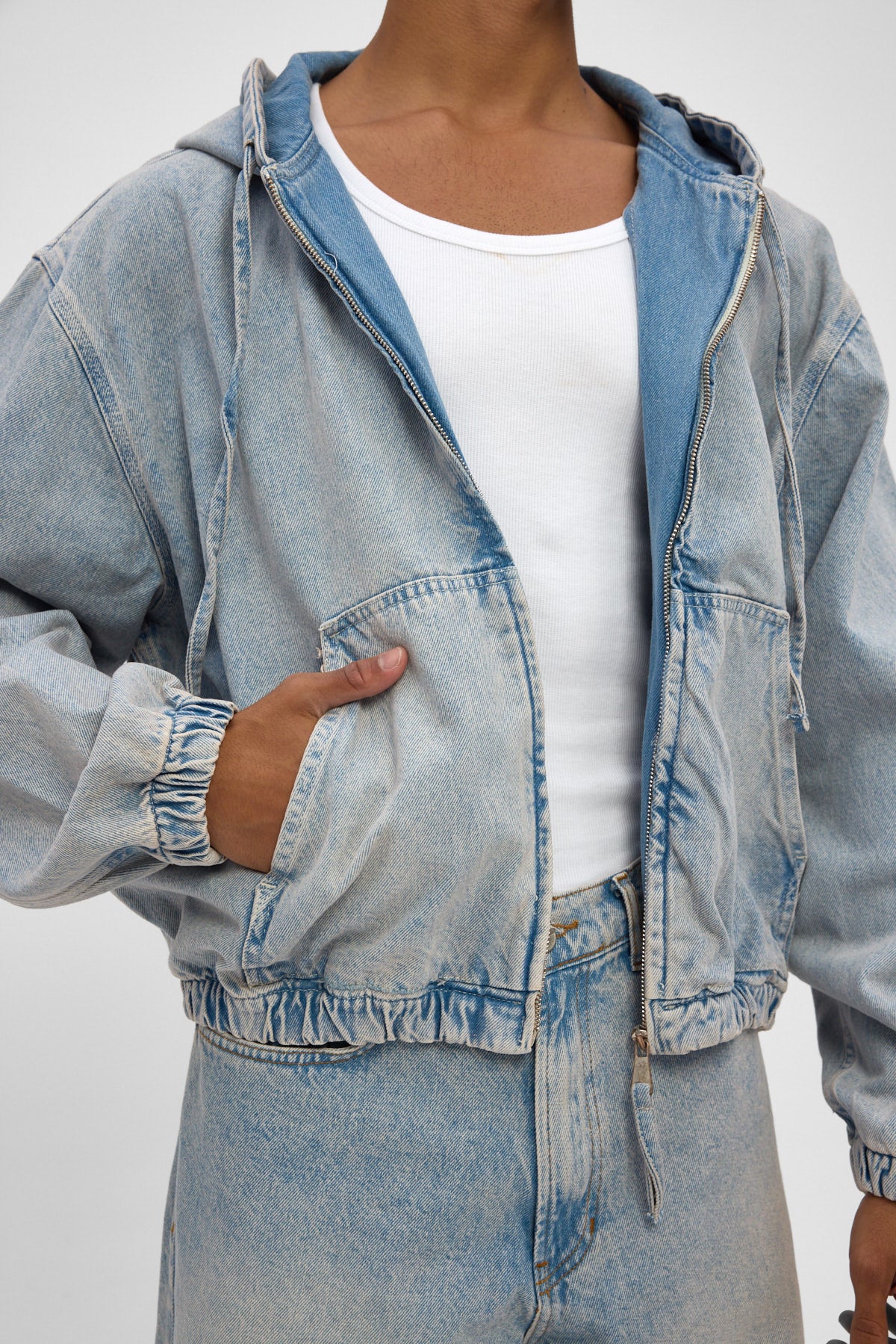 Light Blue Hooded Zip Denim Jacket