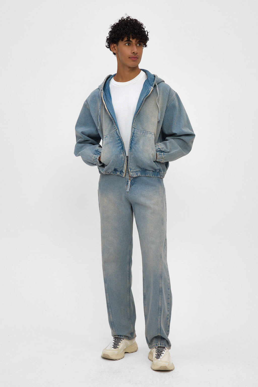 Light Blue Hooded Zip Denim Jacket