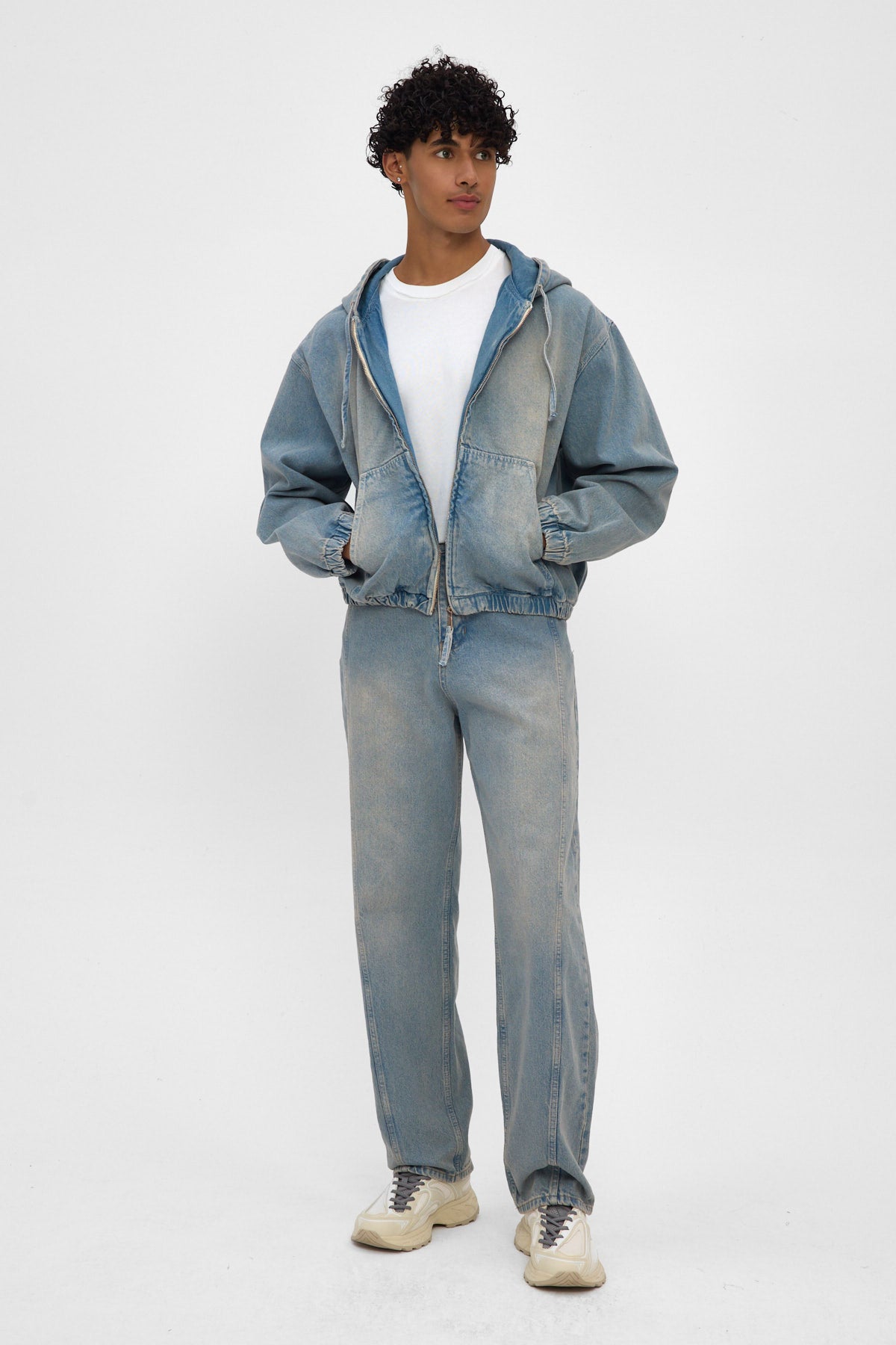 Light Blue Hooded Zip Denim Jacket
