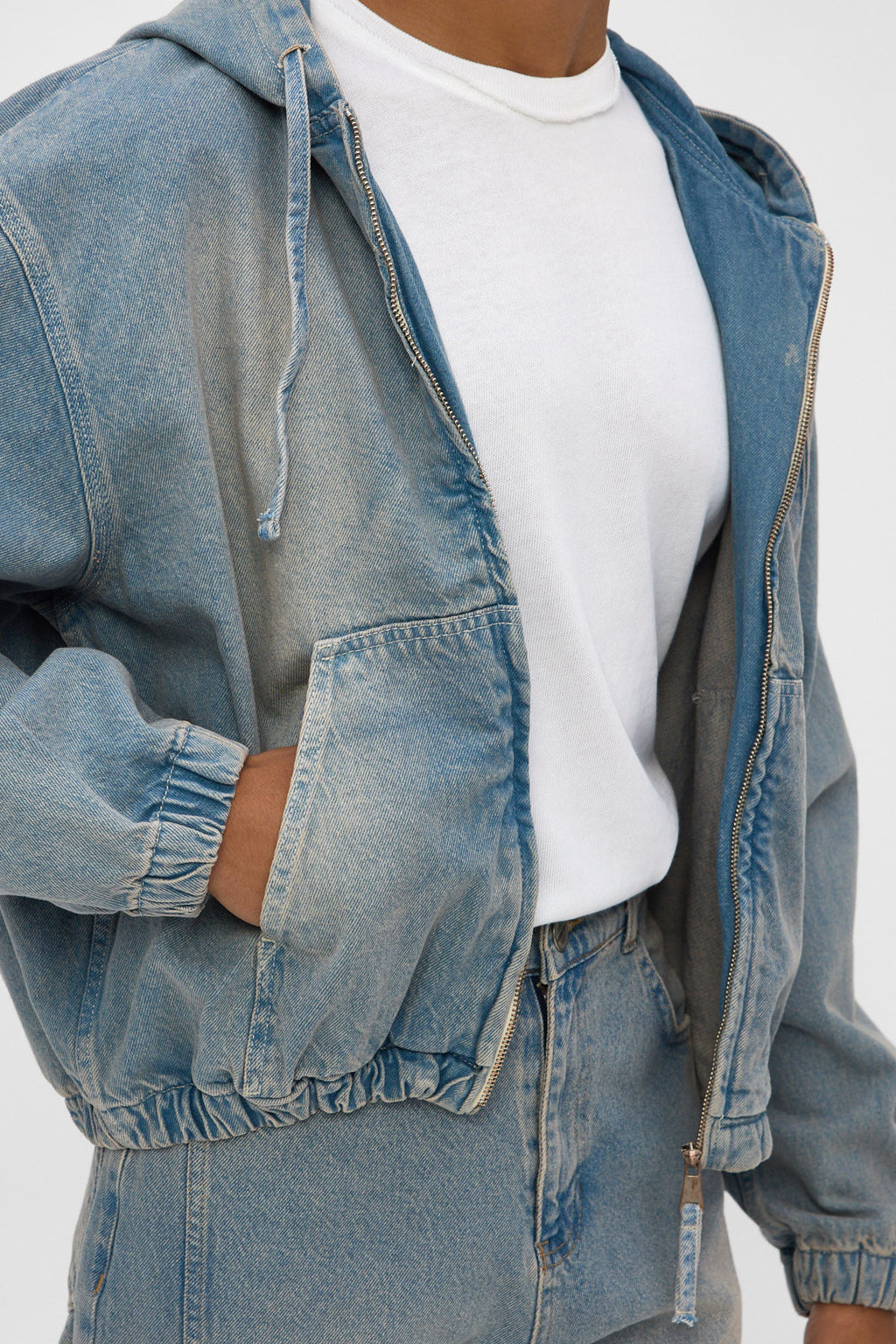 Light Blue Hooded Zip Denim Jacket