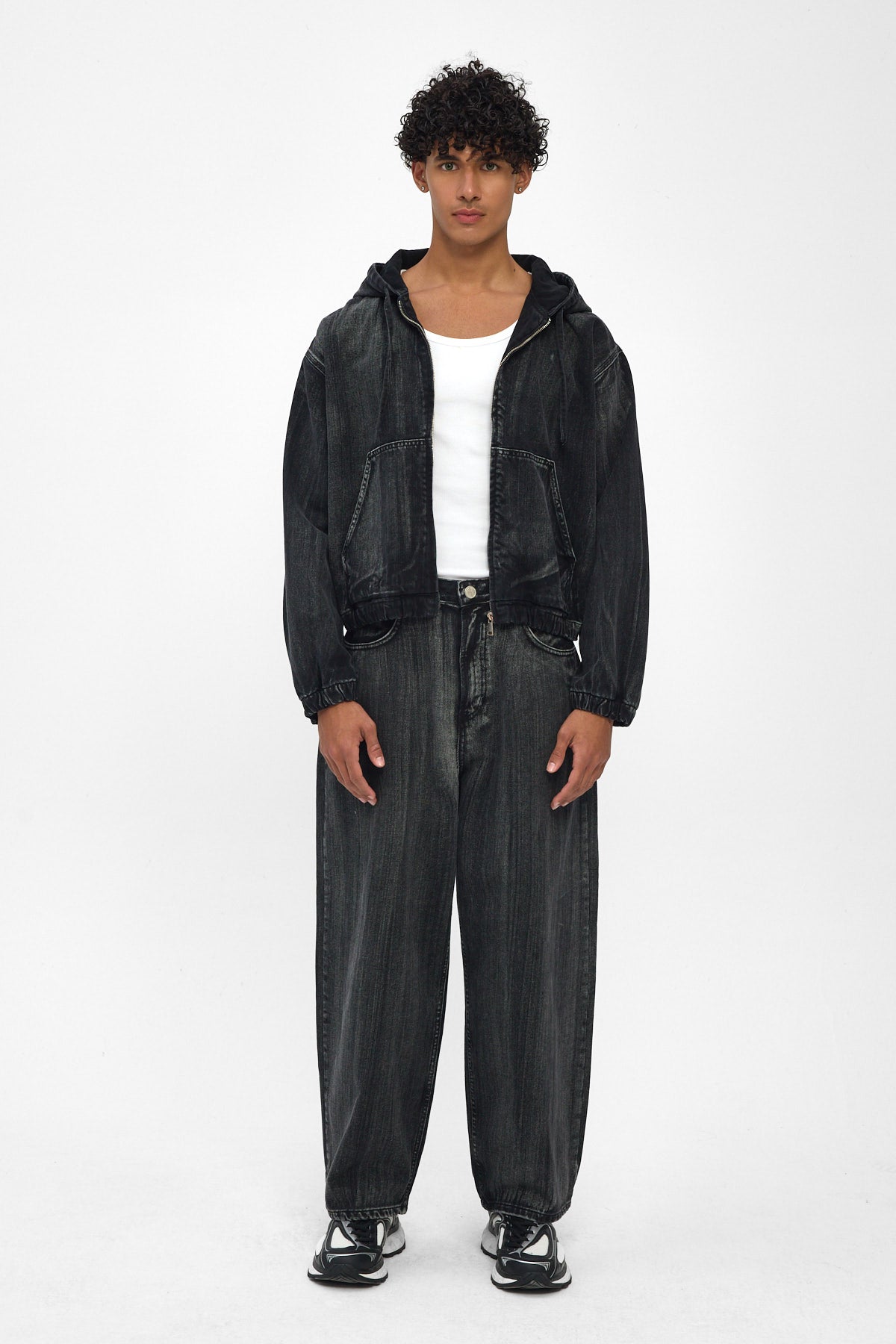 Washed Black Hooded Denim Jacket