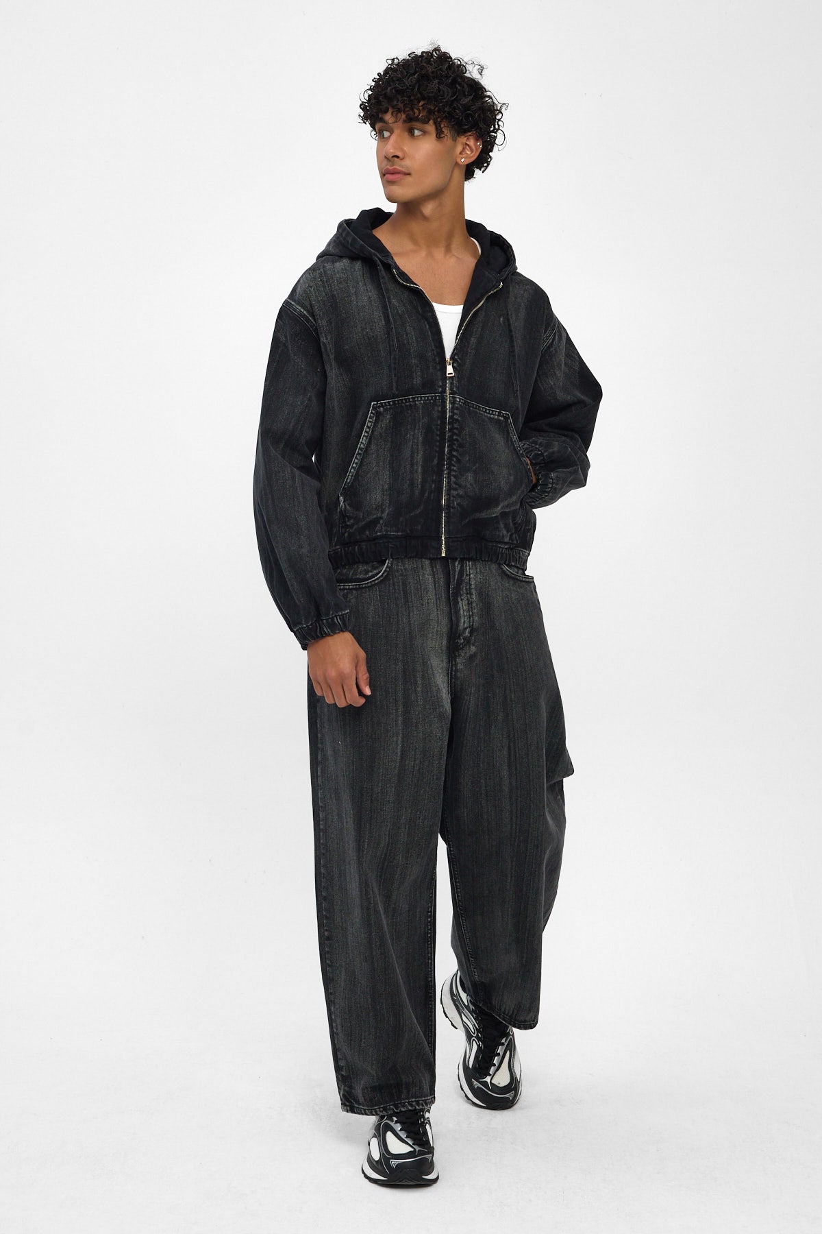 Washed Black Hooded Denim Jacket