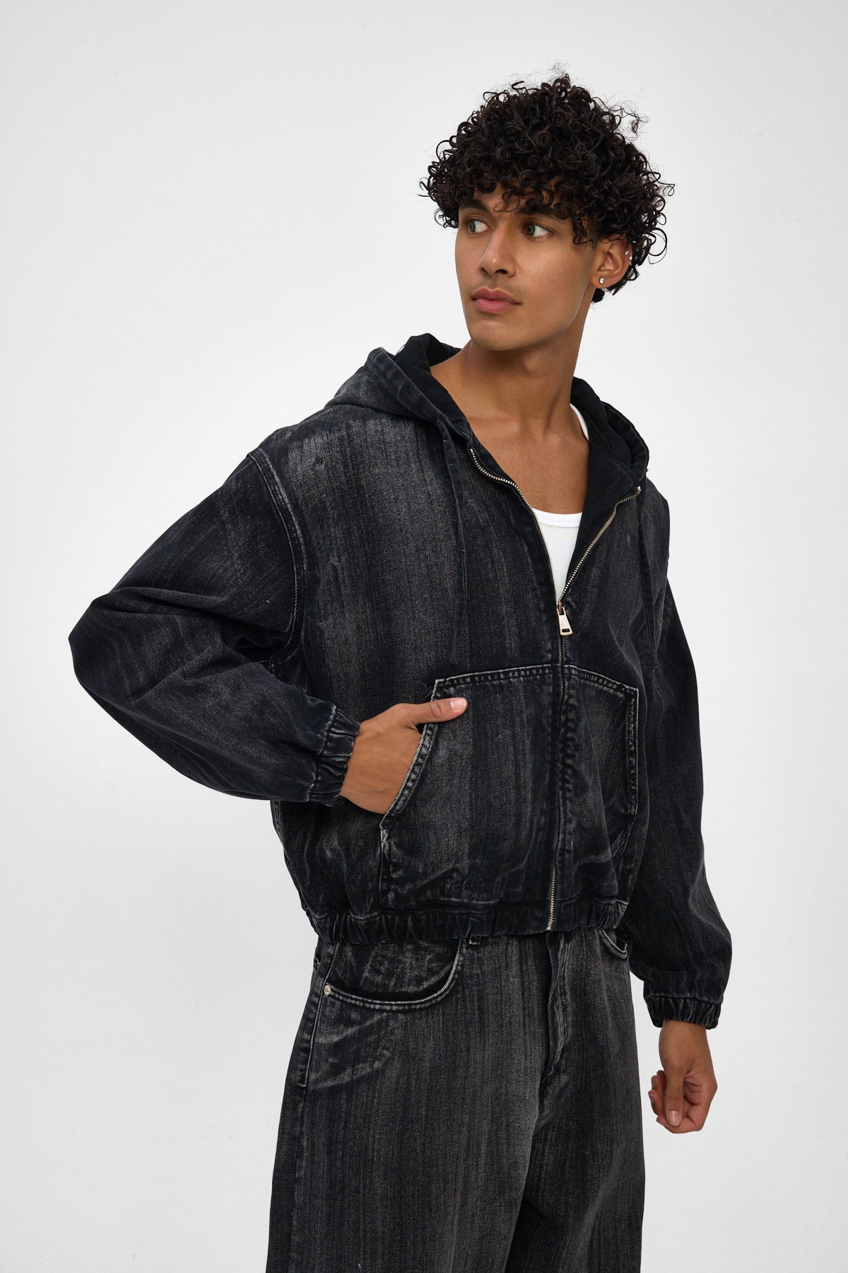 Washed Black Hooded Denim Jacket