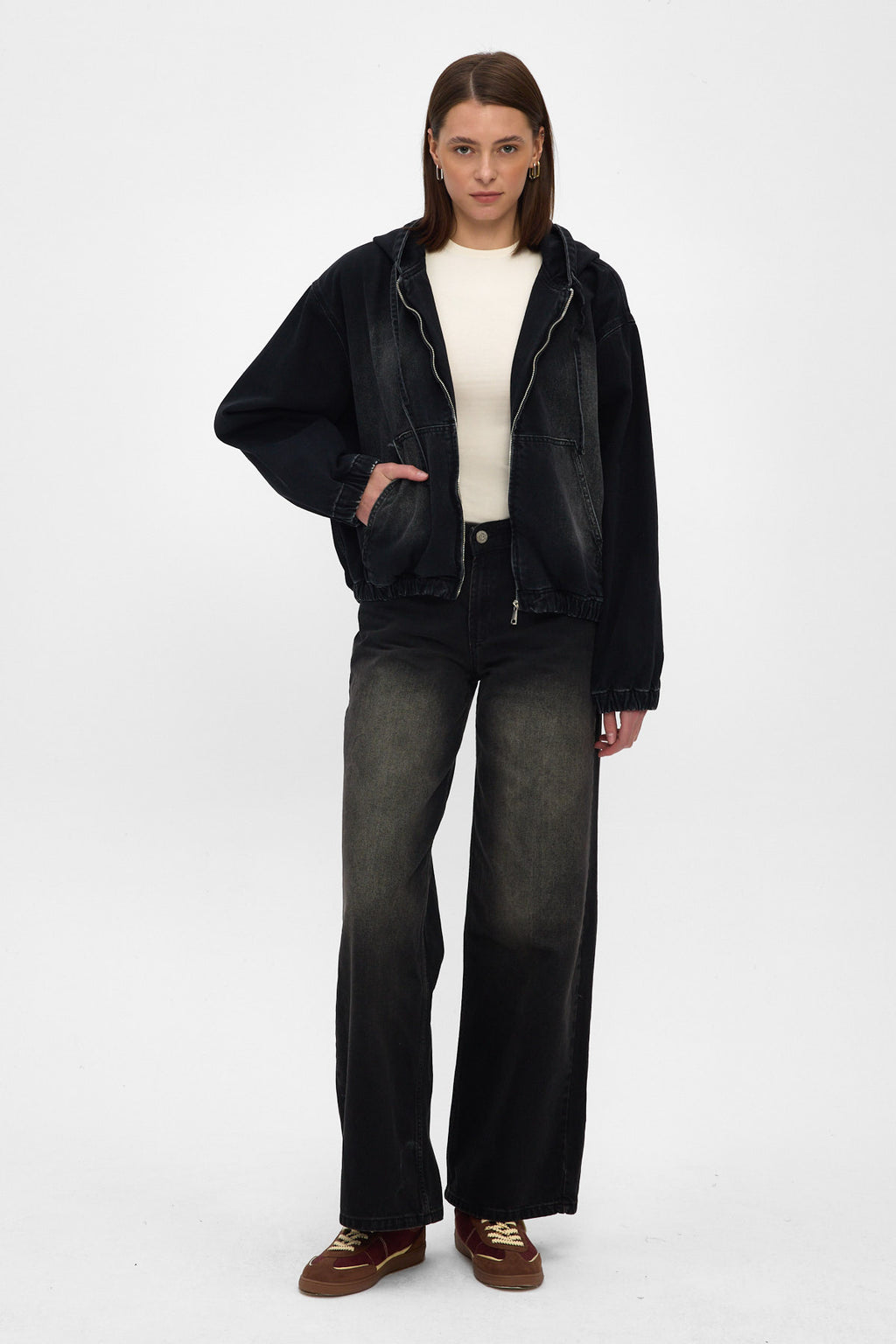 Washed Black Hooded Denim Jacket