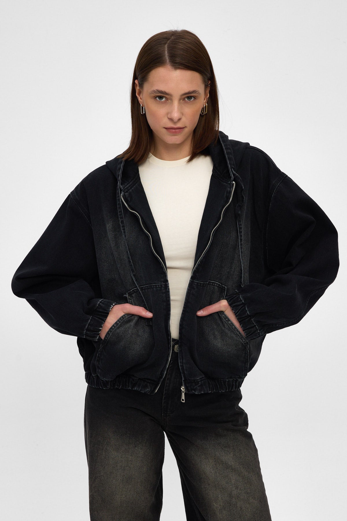 Washed Black Hooded Denim Jacket