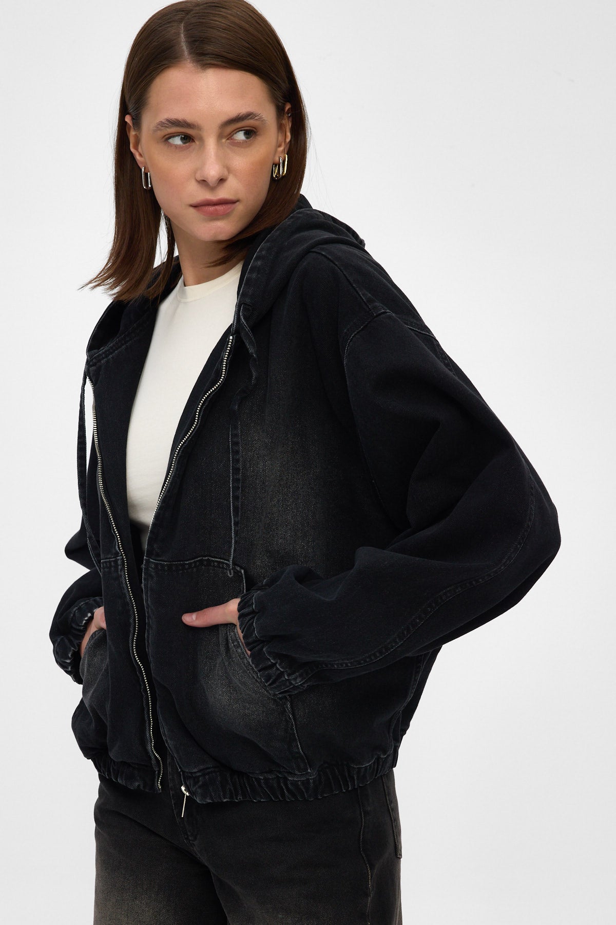 Washed Black Hooded Denim Jacket