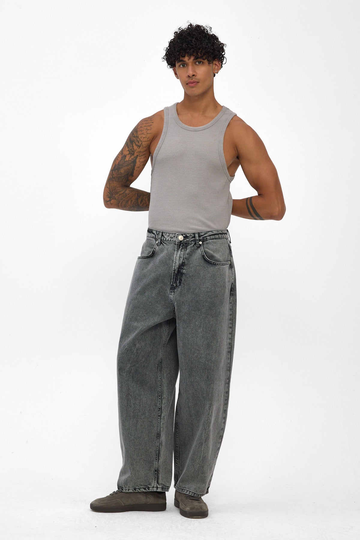 Washed Grey Wide Baggy Jeans