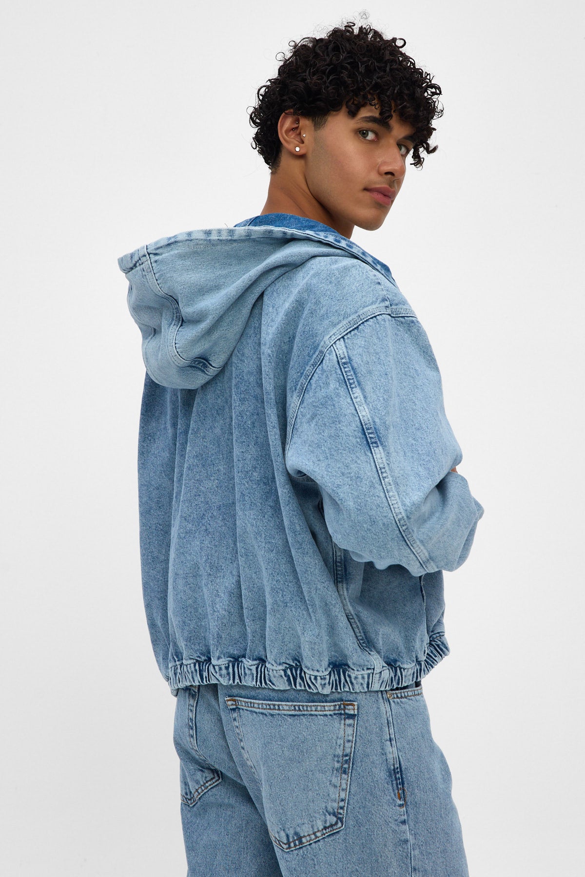 Light Blue Hooded Zip Denim Jacket