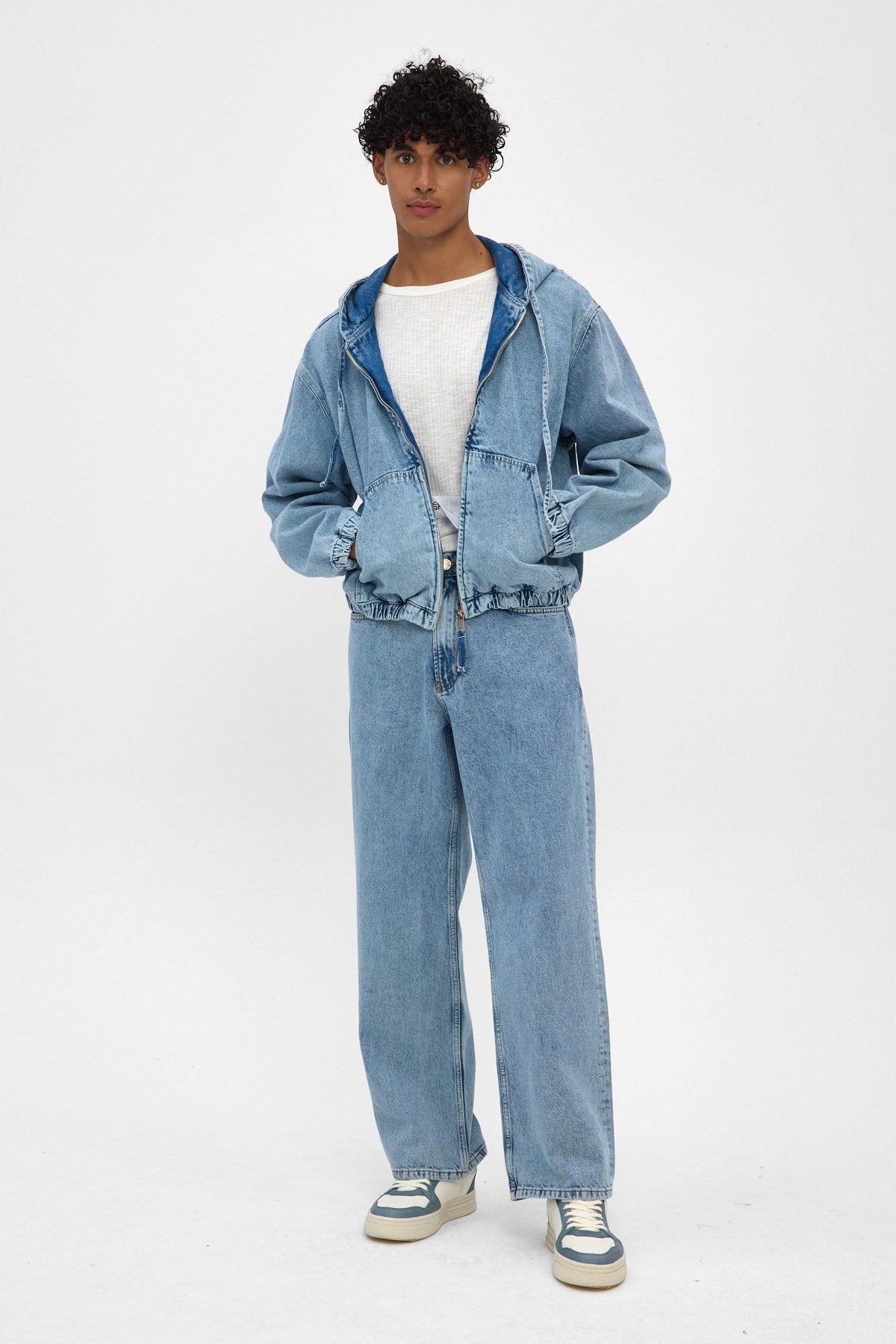 Light Blue Hooded Zip Denim Jacket