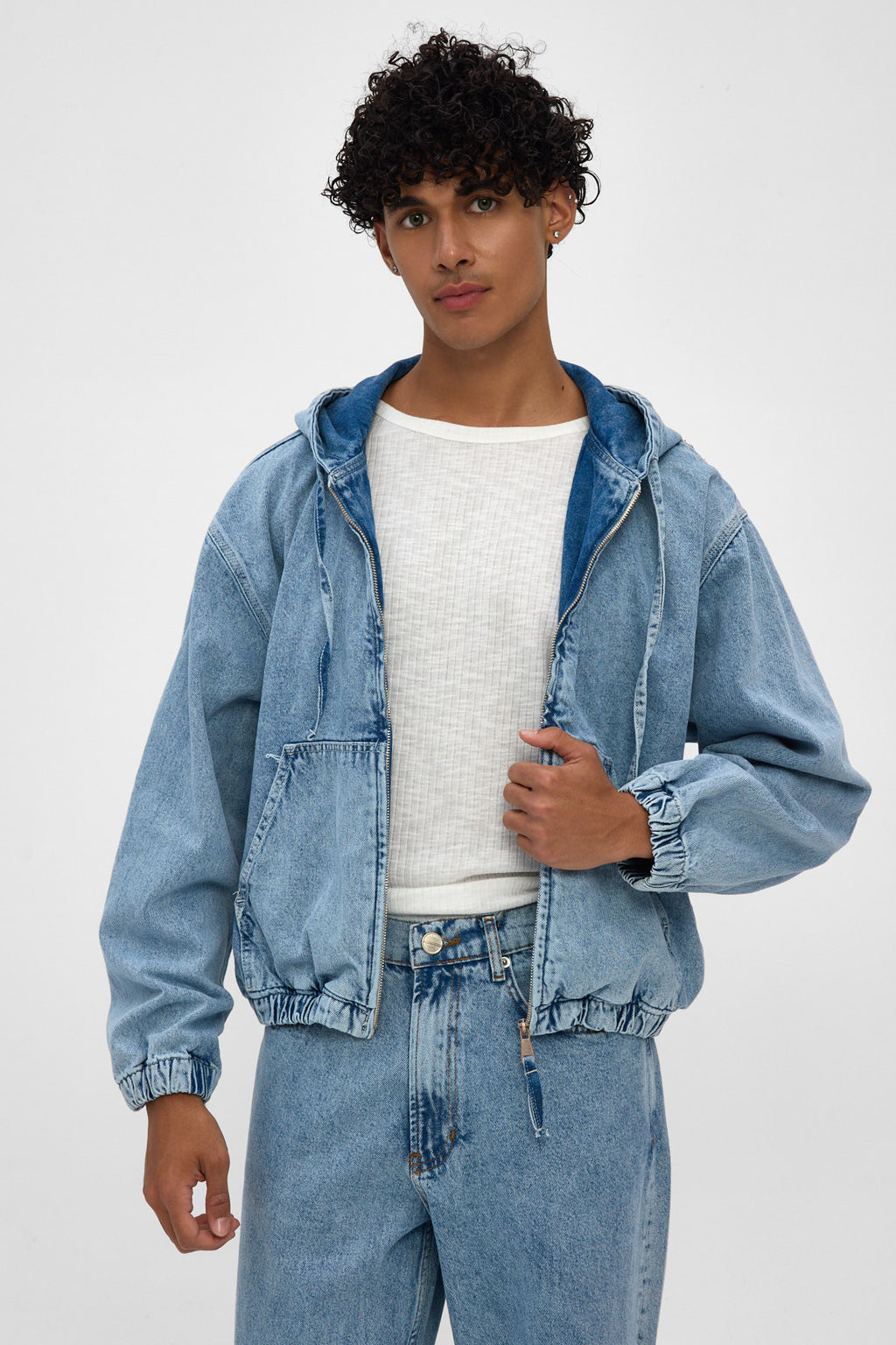 Light Blue Hooded Zip Denim Jacket