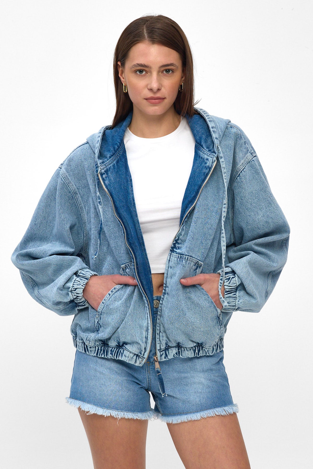 Light Blue Hooded Denim Jacket