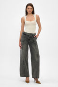 Washed Black Belted Fringed Wide Leg Jeans
