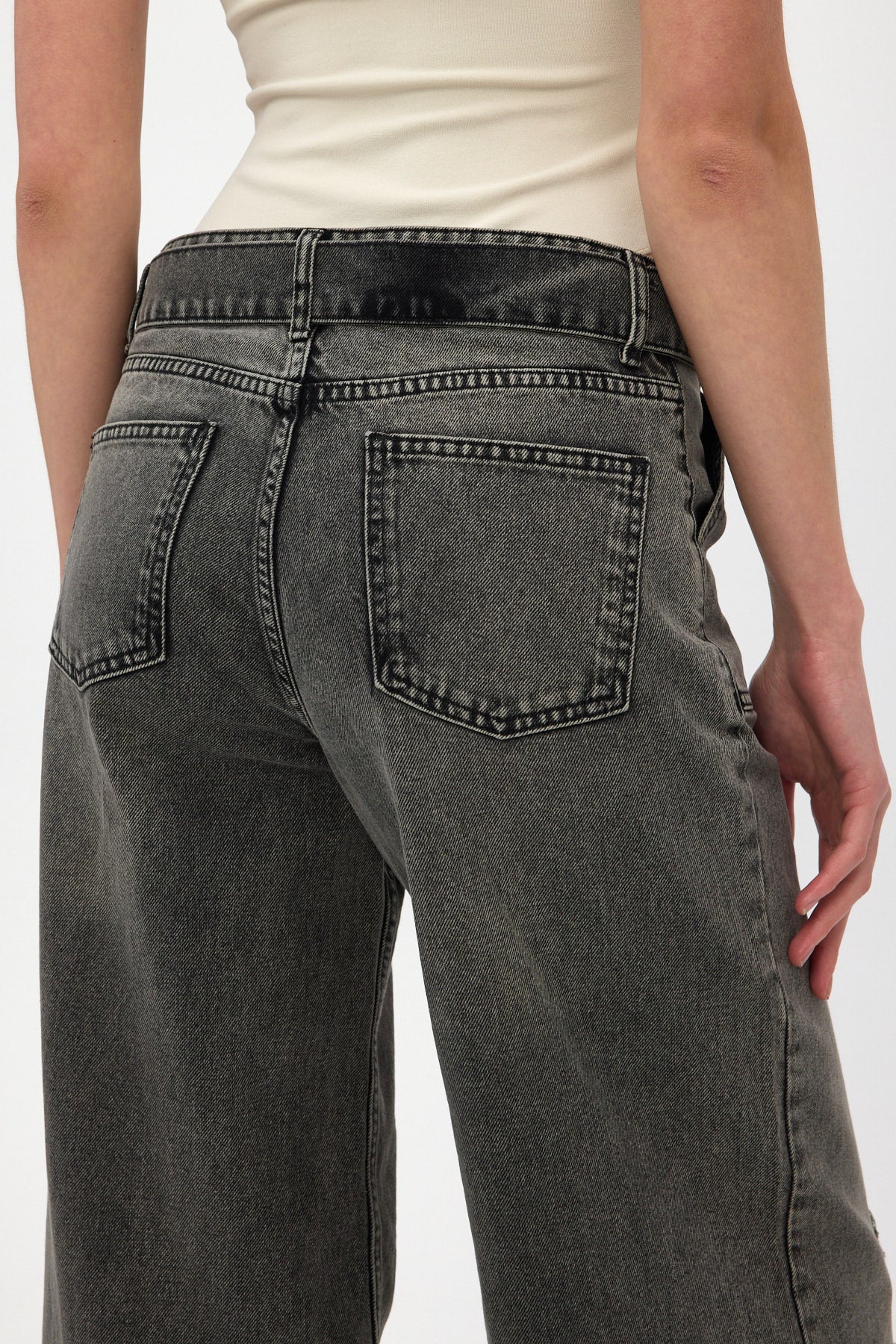 Washed Black Belted Fringed Wide Leg Jeans
