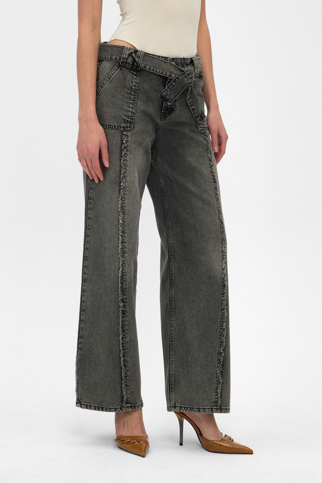 Washed Black Belted Fringed Wide Leg Jeans