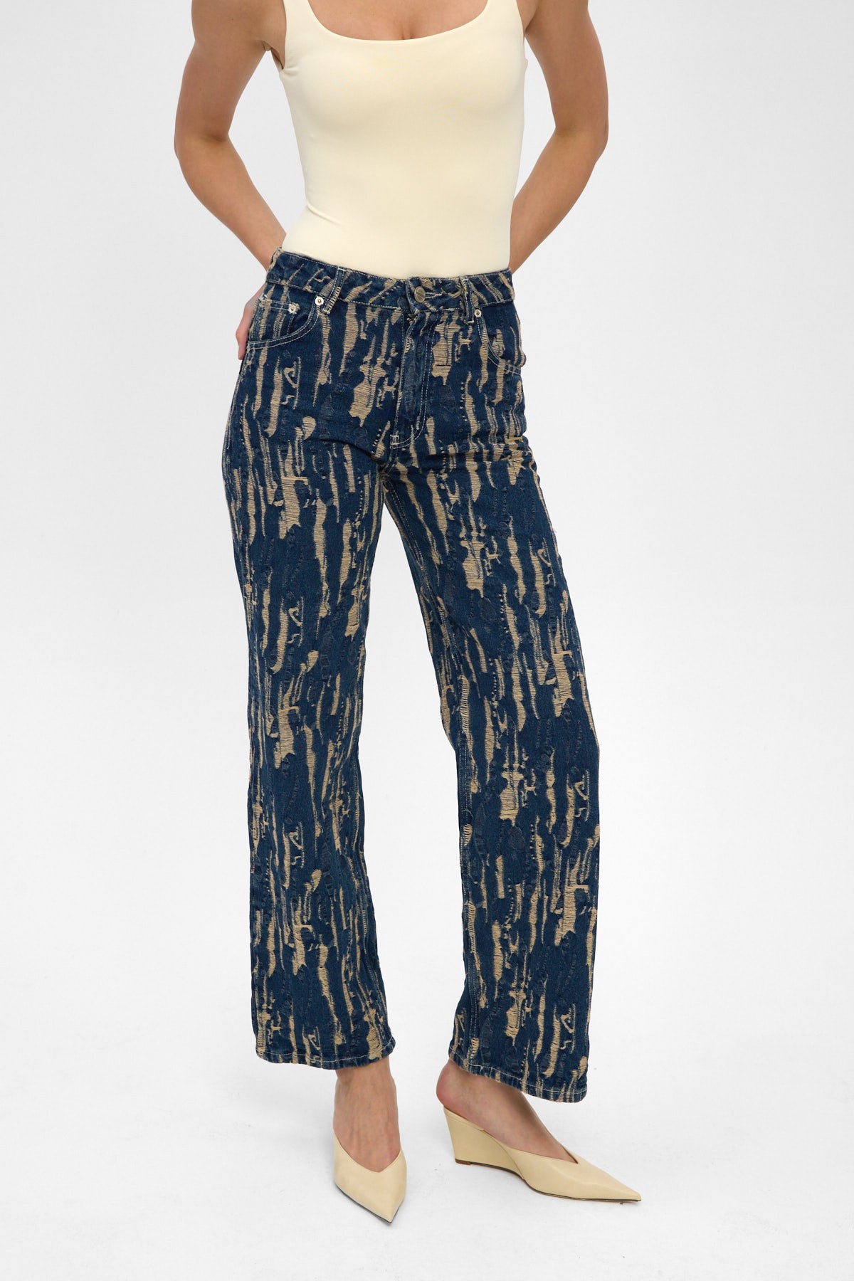 Gold Jacquard High Rise Wide Leg Jeans