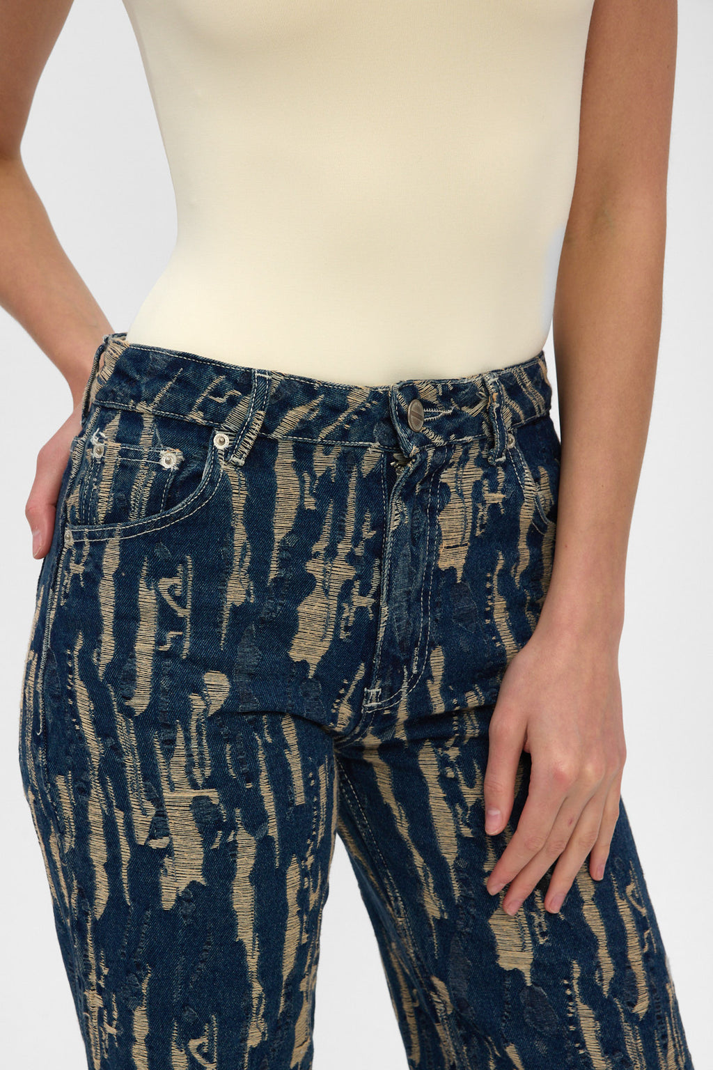 Gold Jacquard High Rise Wide Leg Jeans