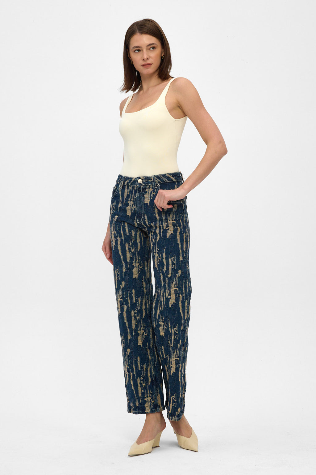 Gold Jacquard High Rise Wide Leg Jeans