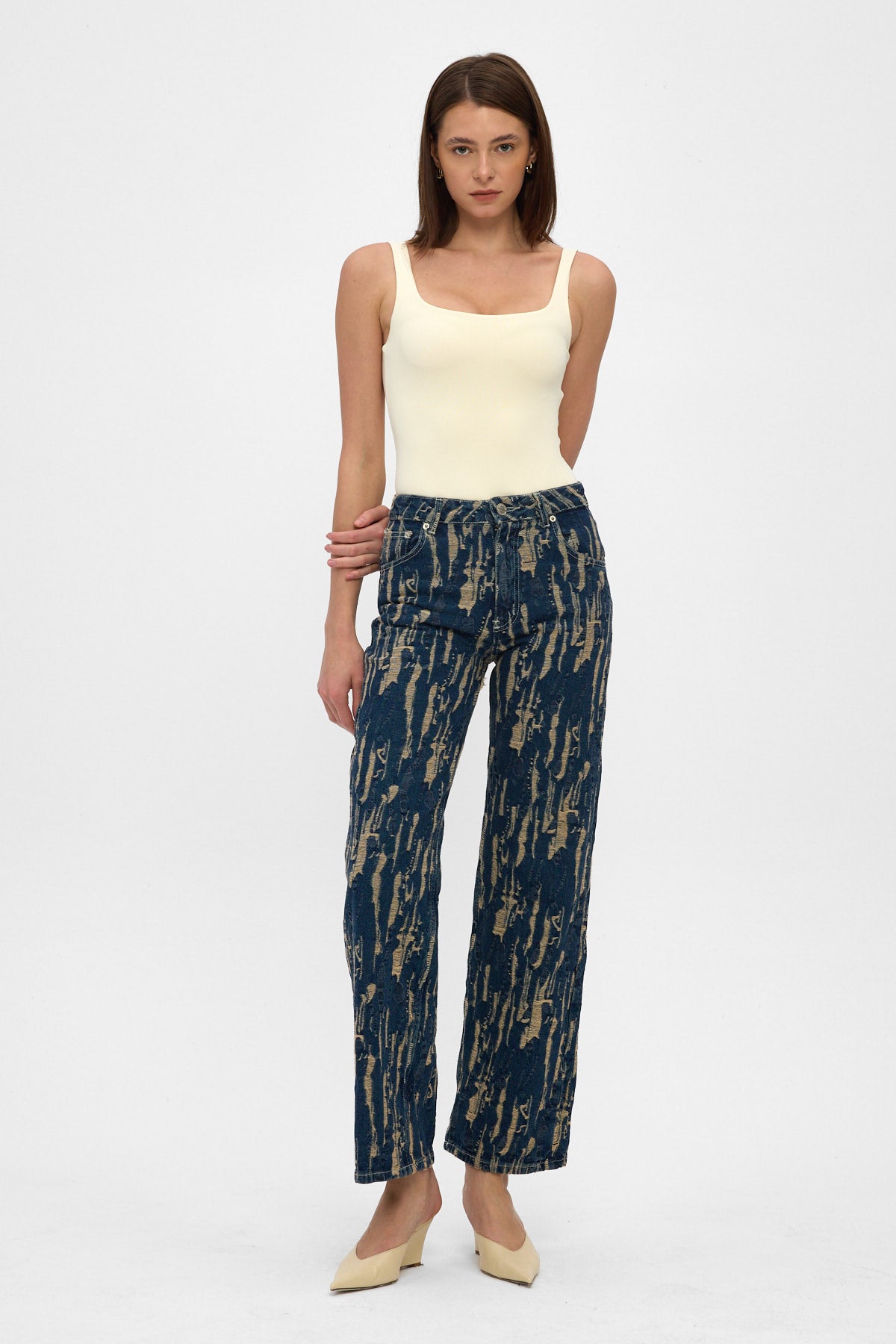 Gold Jacquard High Rise Wide Leg Jeans