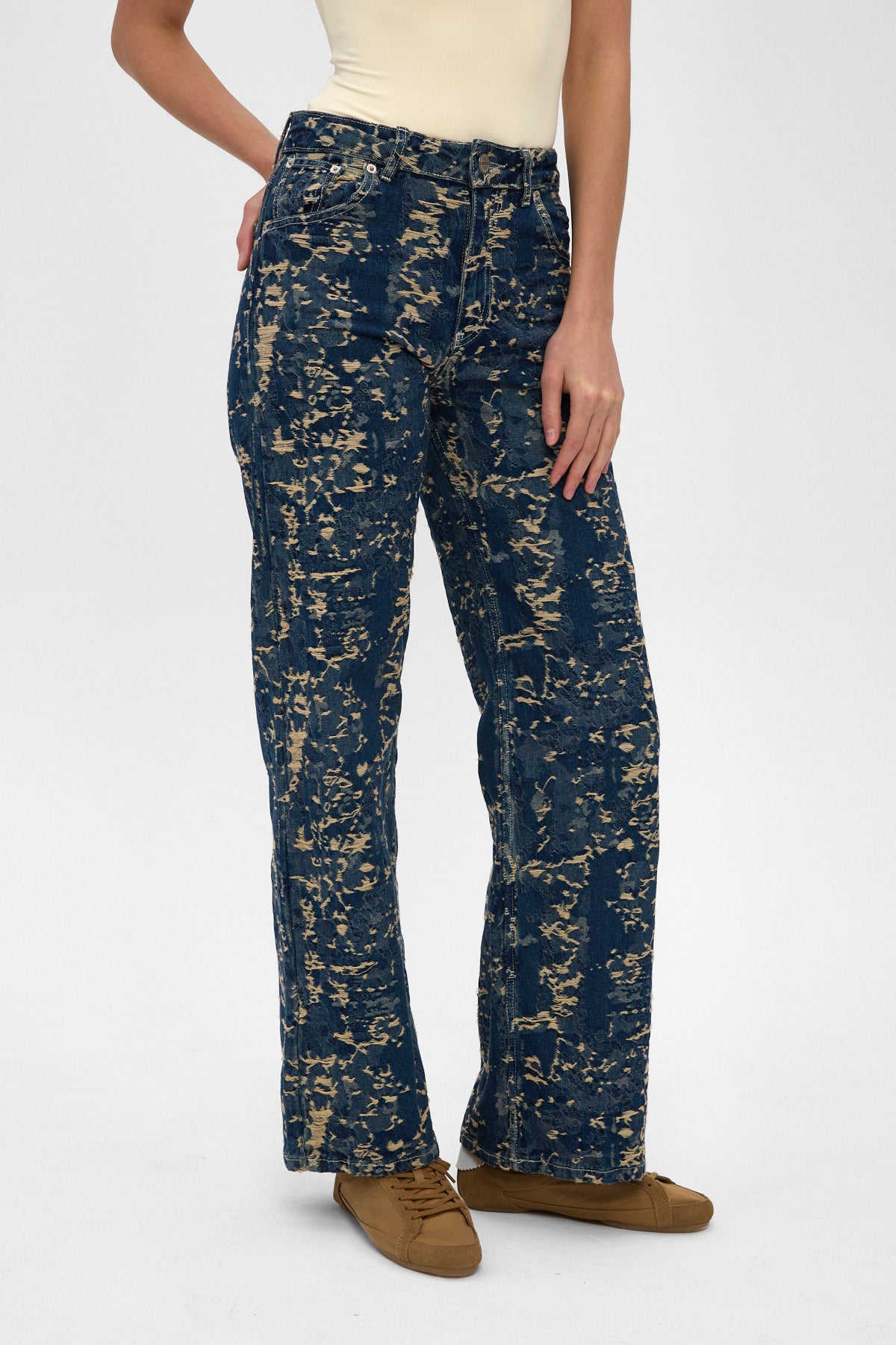 Indigo Jacquard High Rise Wide Leg Jeans