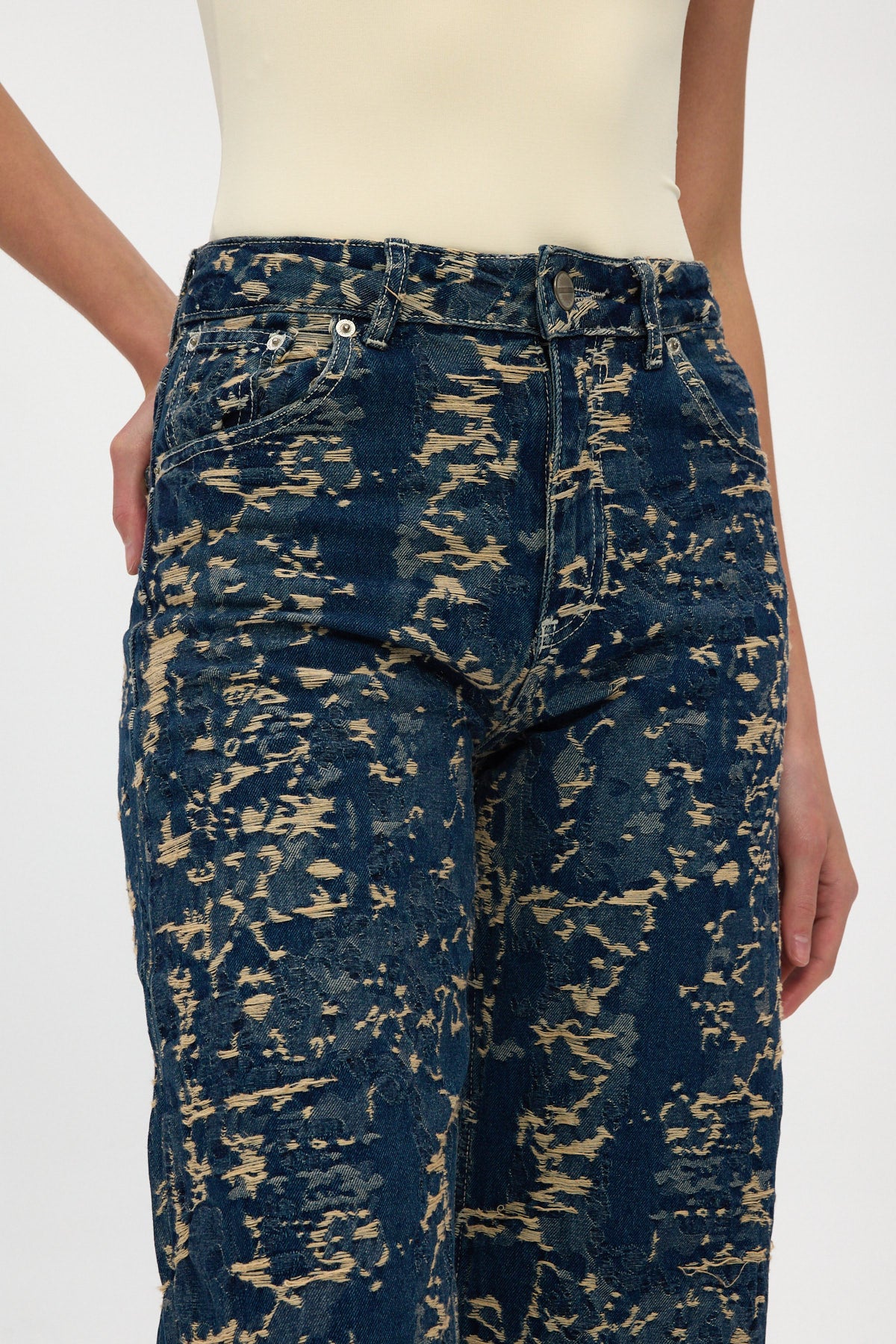 Indigo Jacquard High Rise Wide Leg Jeans