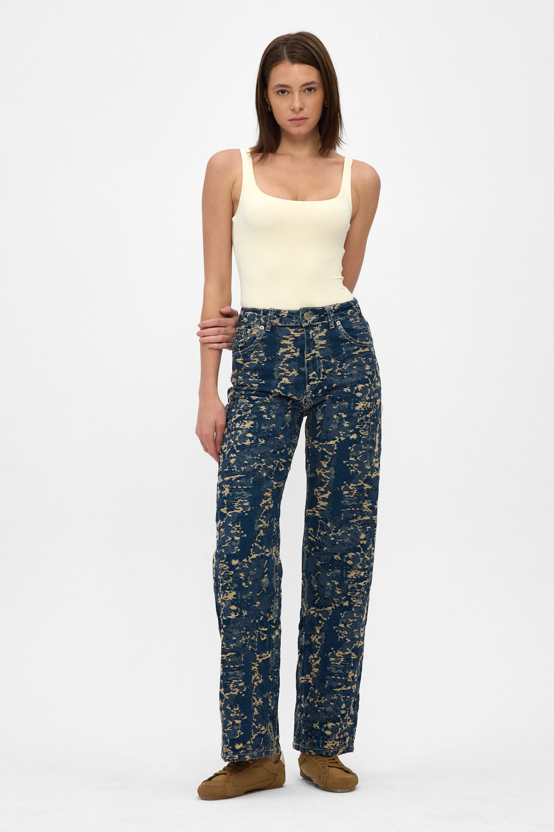 Indigo Jacquard High Rise Wide Leg Jeans