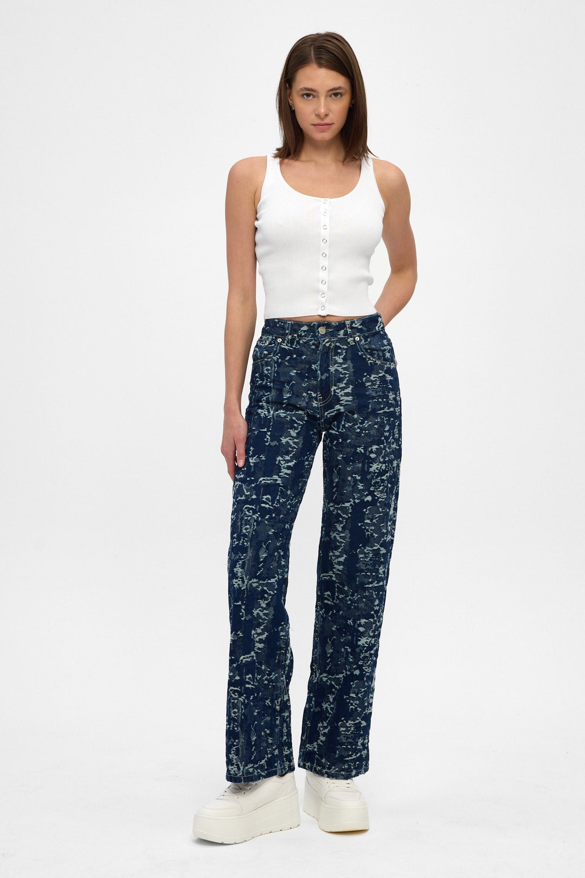 Indigo Jacquard High Rise Wide Leg Jeans