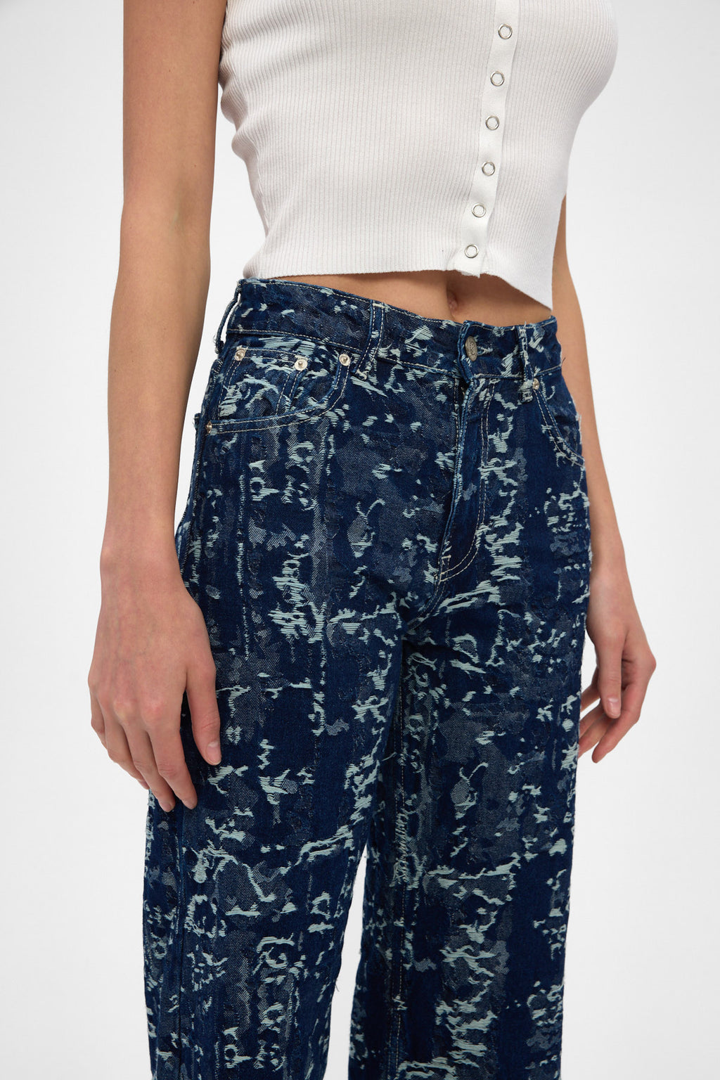Indigo Jacquard High Rise Wide Leg Jeans