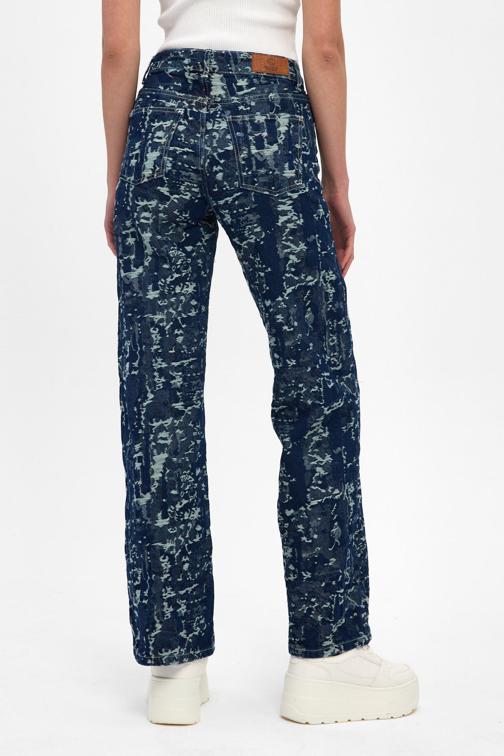 Indigo Jacquard High Rise Wide Leg Jeans