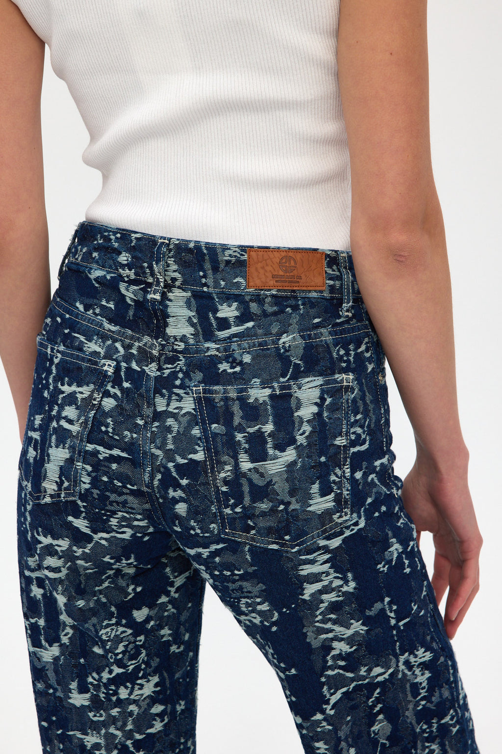 Indigo Jacquard High Rise Wide Leg Jeans
